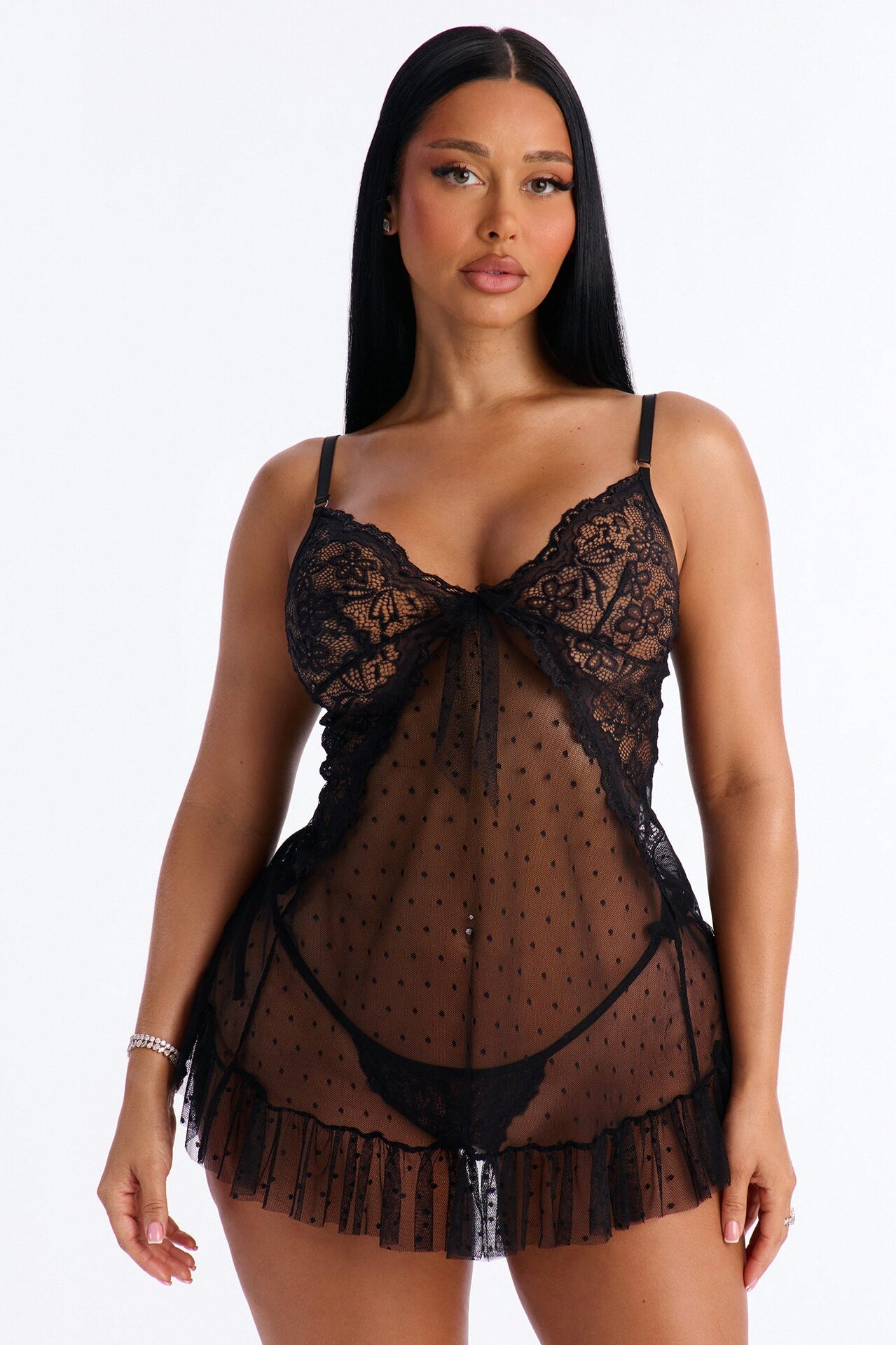 Never Enough Dotted Mesh Babydoll - Black