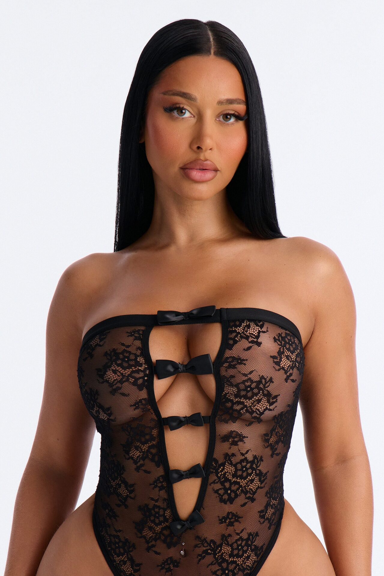 Evette Strapless Lace Crotchless Teddy - Black