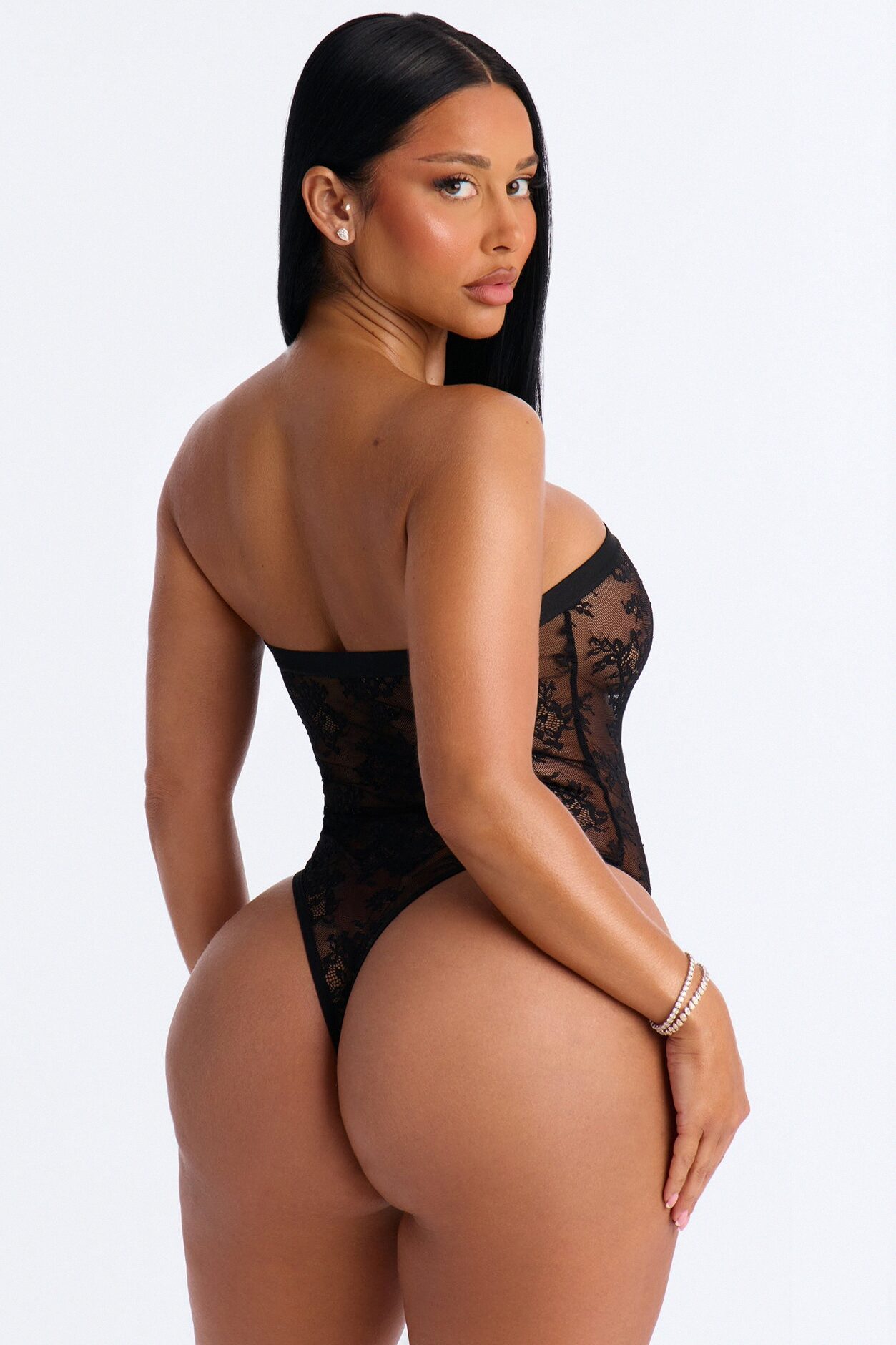 Evette Strapless Lace Crotchless Teddy - Black
