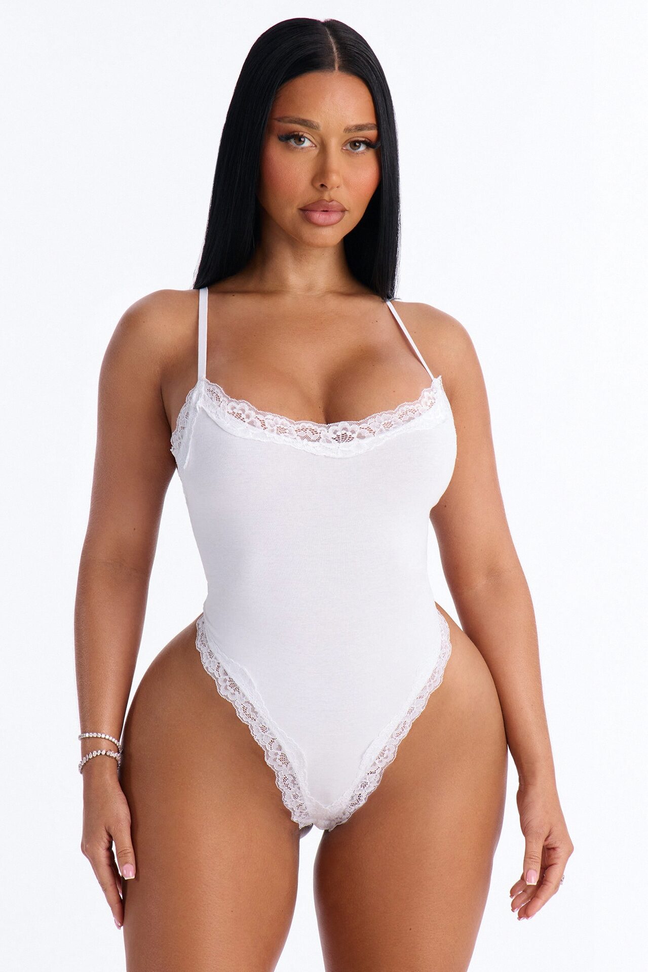 Kirstie Super Soft Lace Trim Thong Bodysuit - White