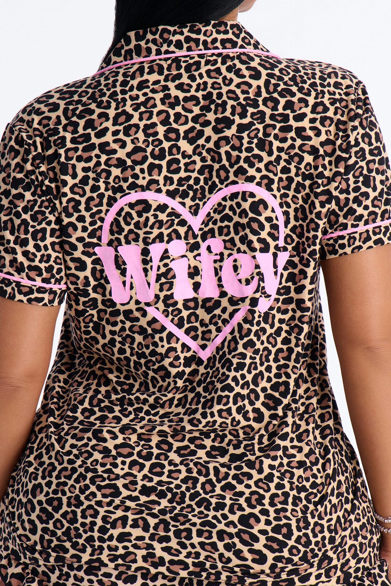 That Wifey Leopard PJ Notch Collar Set - Brown/combo