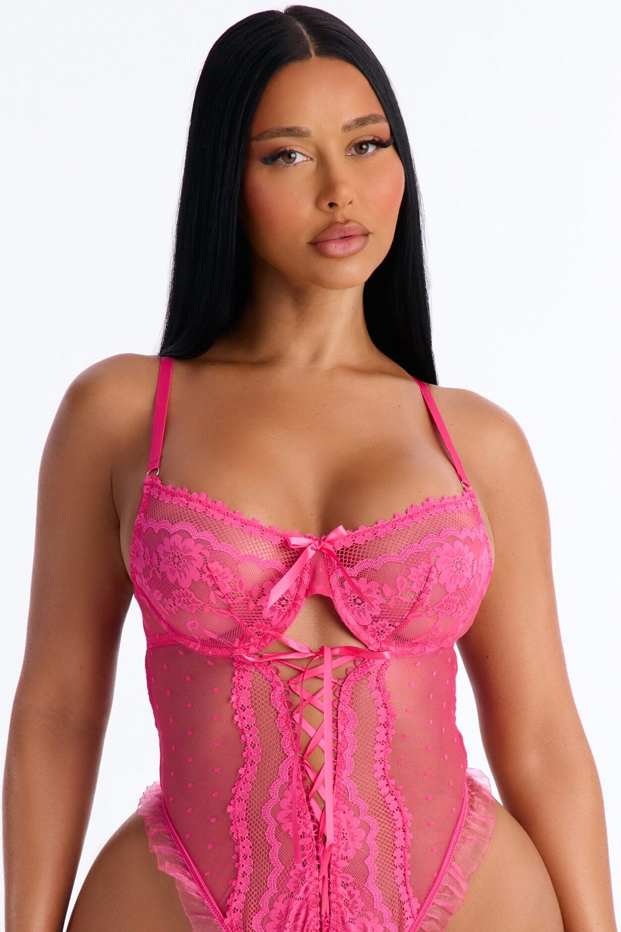Laced Up Love Mesh Teddy - Fuchsia