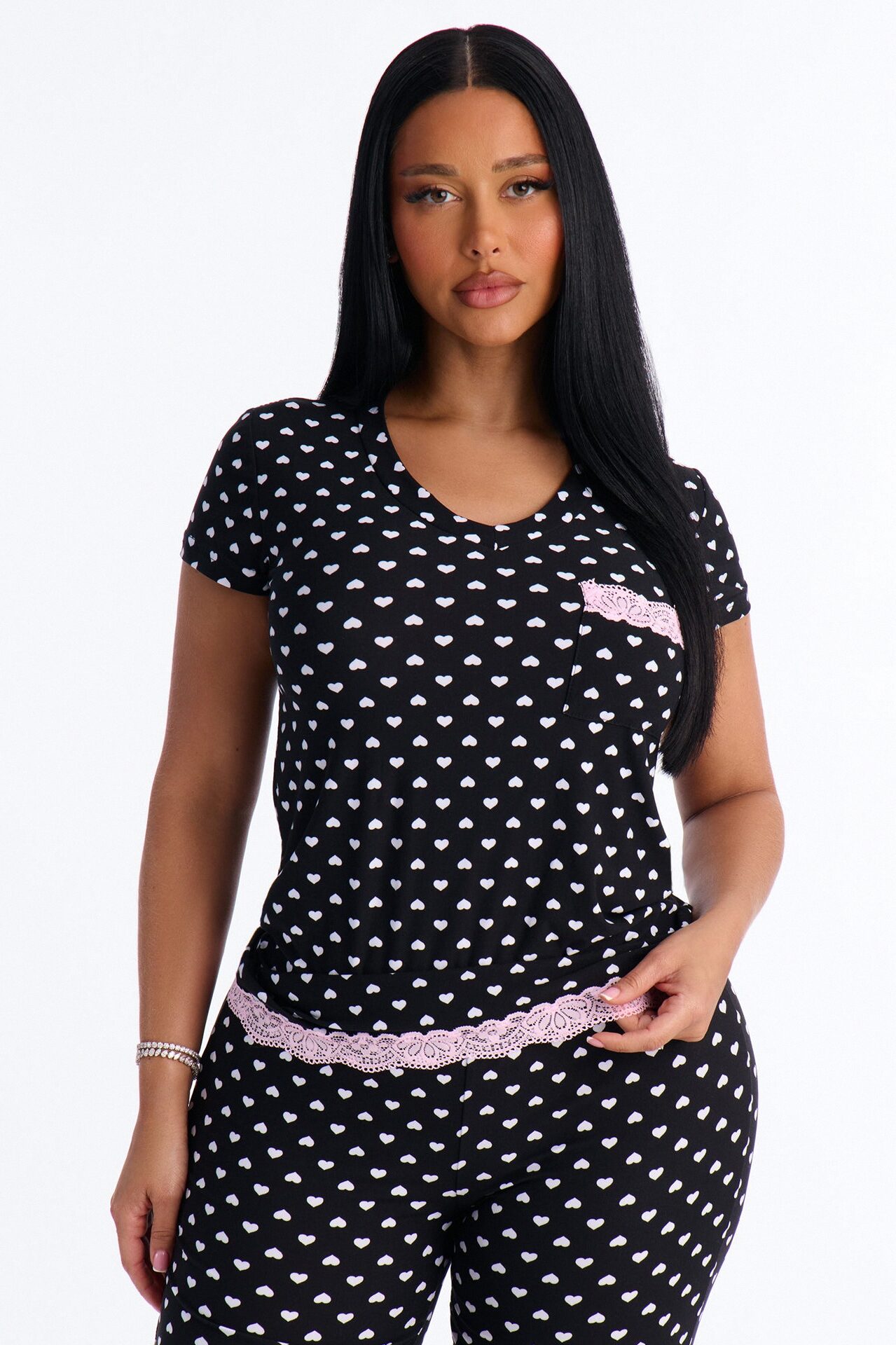 Soft Ease Lace Trim PJ Pant Set - Black/Pink