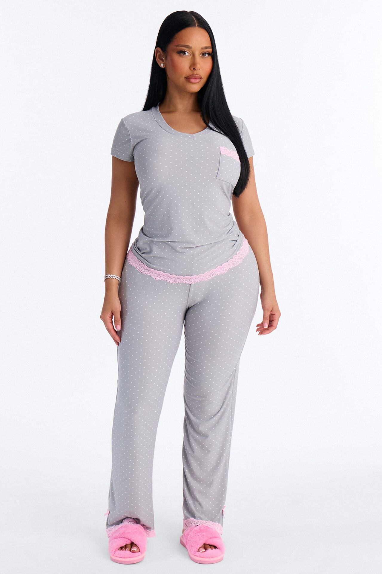 Soft Ease Lace Trim PJ Pant Set - Grey