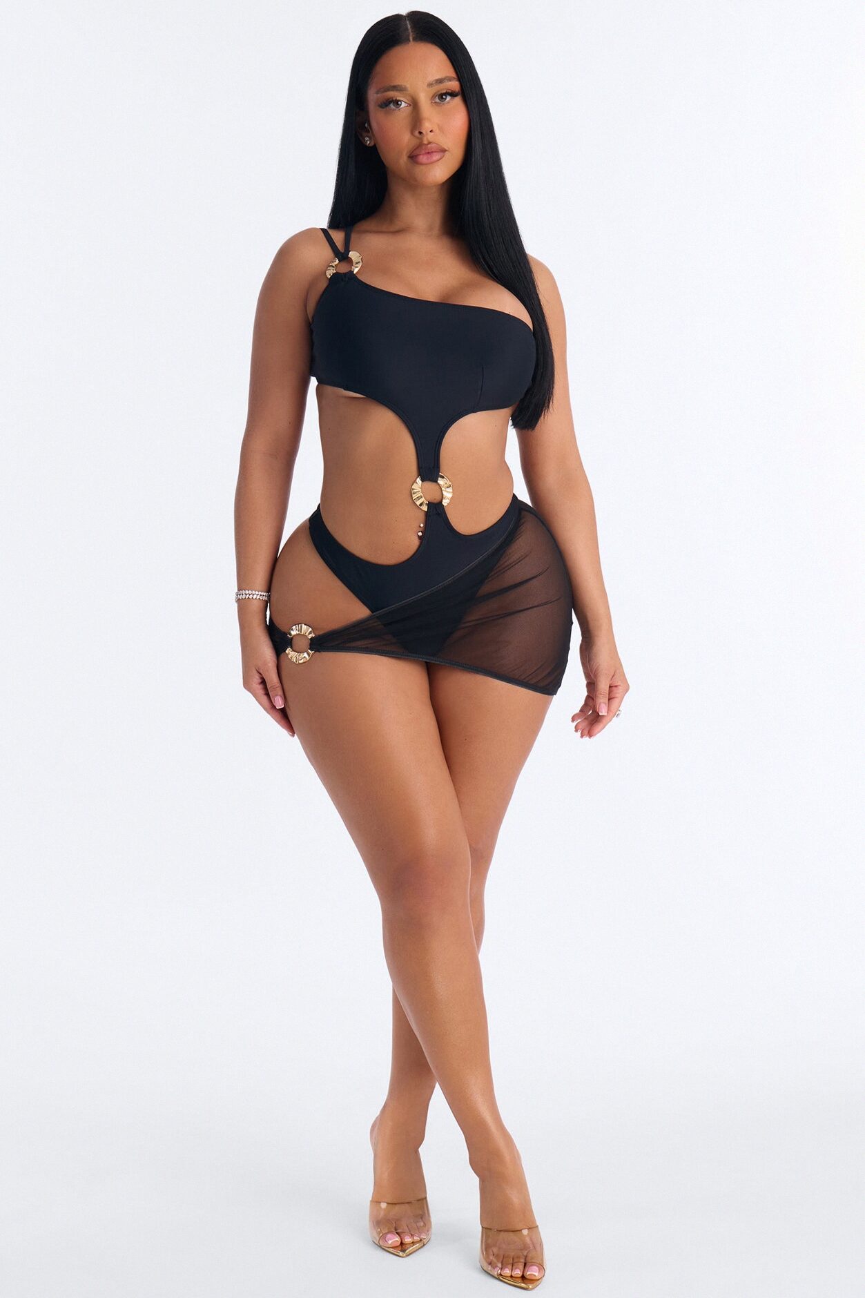 Verina One Shoulder 1 Piece Swimsuit & Sarong Set - Black