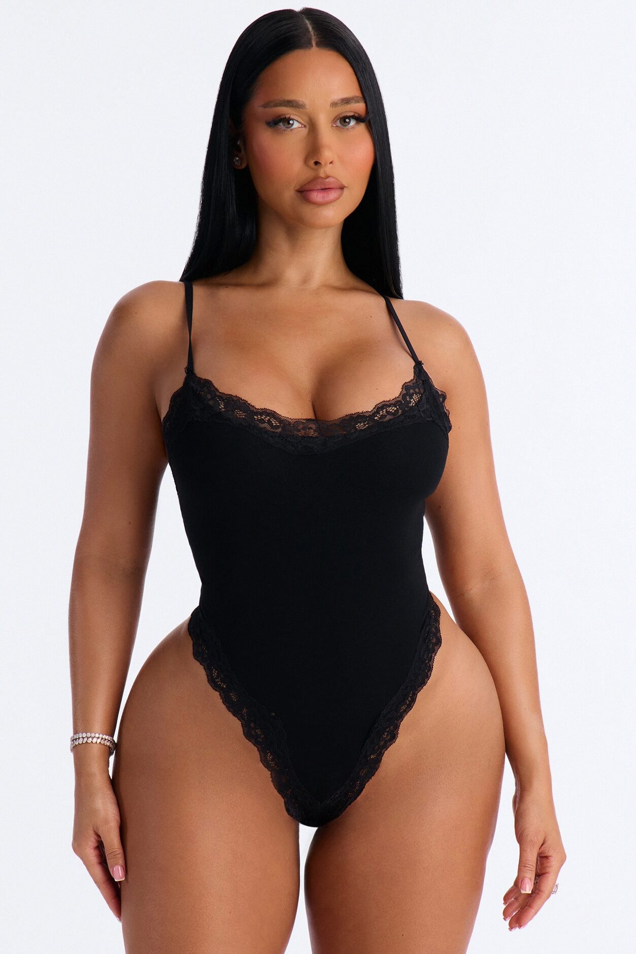 Kirstie Super Soft Lace Trim Thong Bodysuit - Black