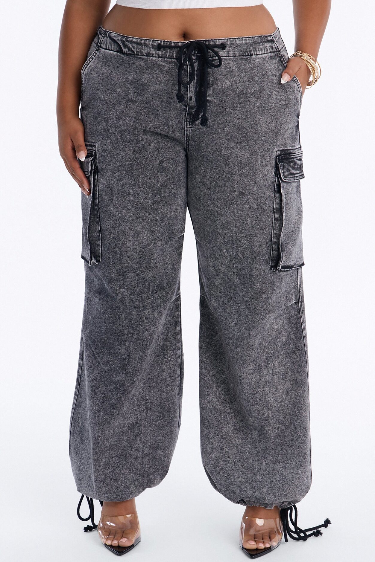 Locked In Tie Waist Stretch Cargo Jeans - Black Wash
