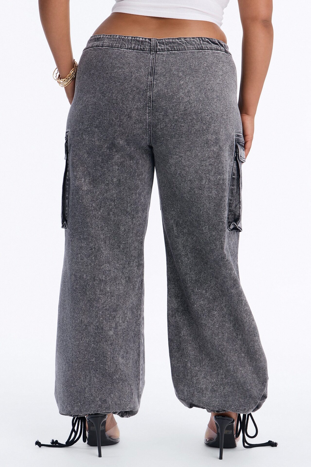 Locked In Tie Waist Stretch Cargo Jeans - Black Wash
