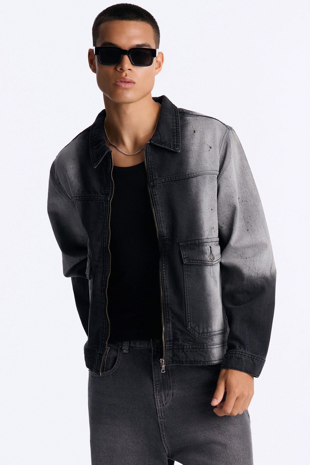 Spot Stained Cropped Denim Work Jacket - Black Wash