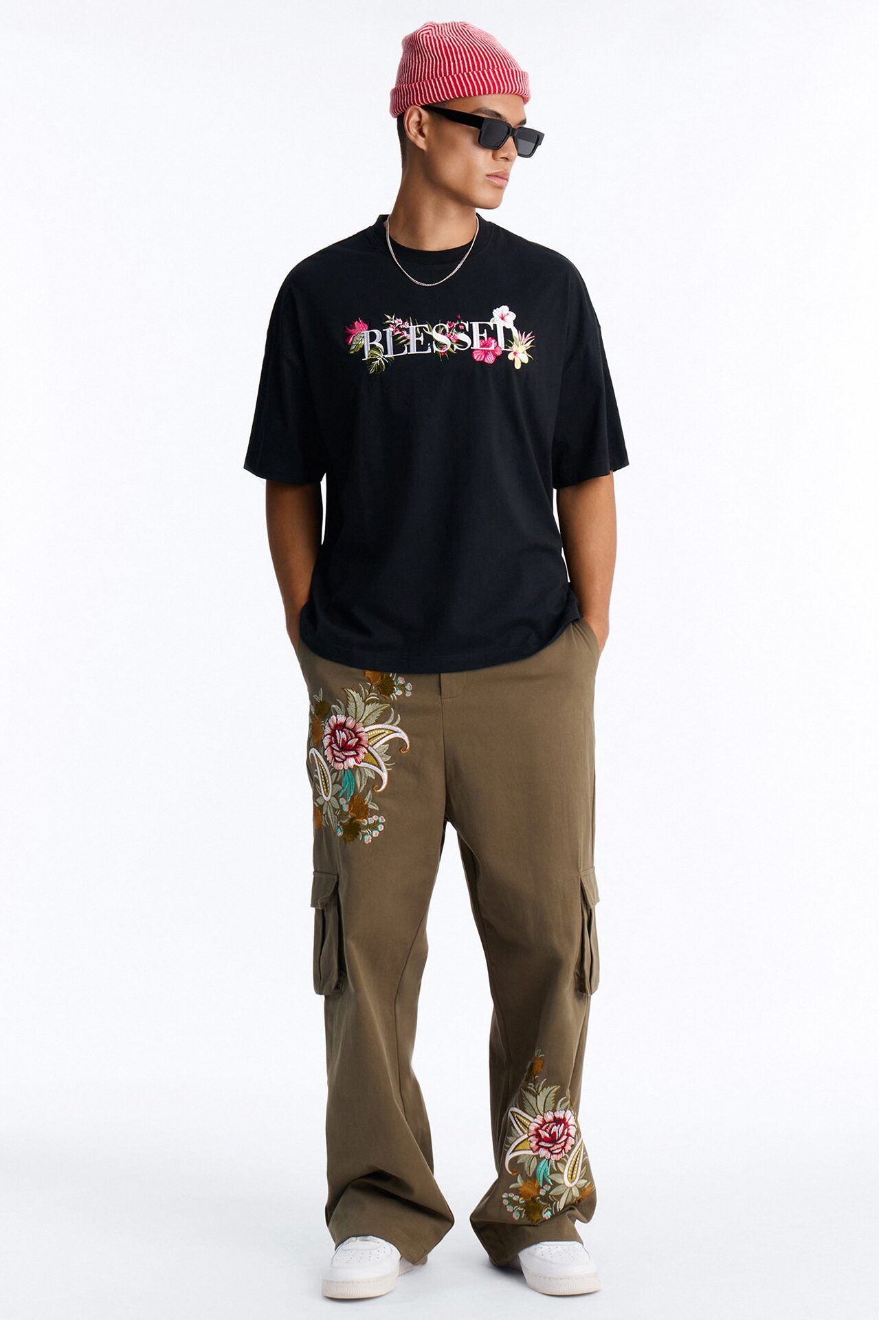 Blessed Floral Oversized Embroidered Short Sleeve Tee - Black