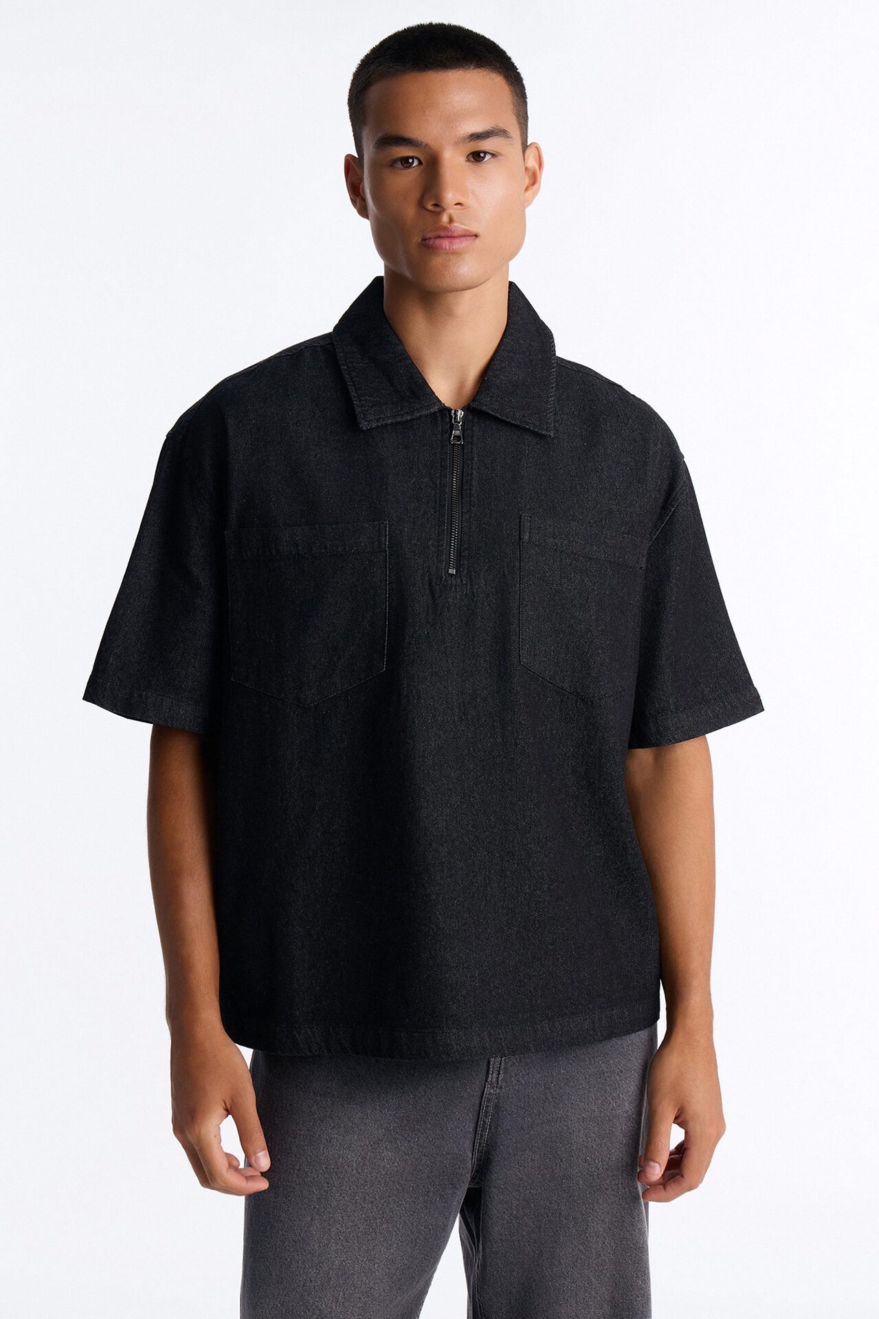 Boxy Marion Denim Quarter Zip Polo - Black