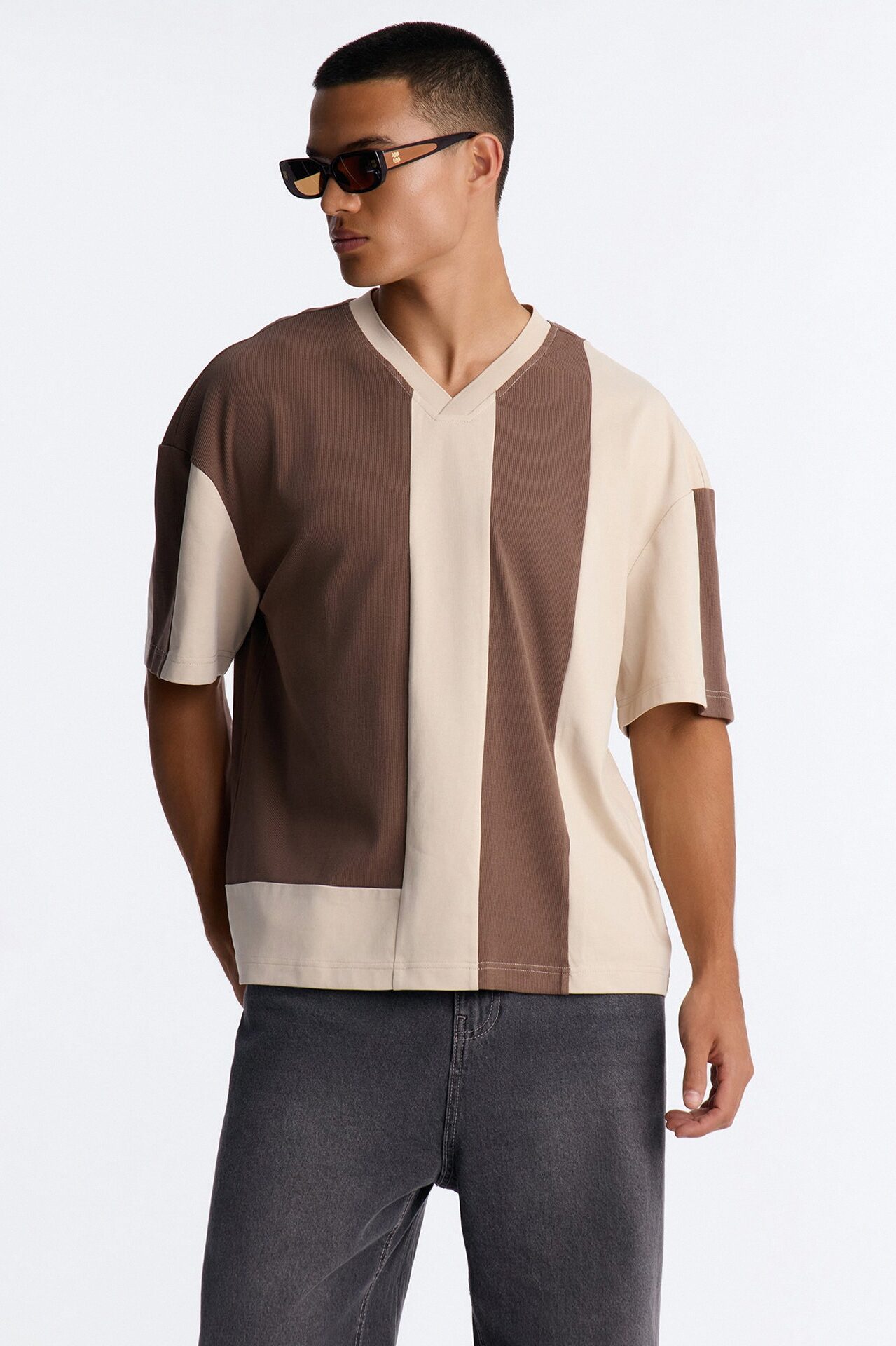 Loose Fit Ribbed Panel Jersey - Brown/combo