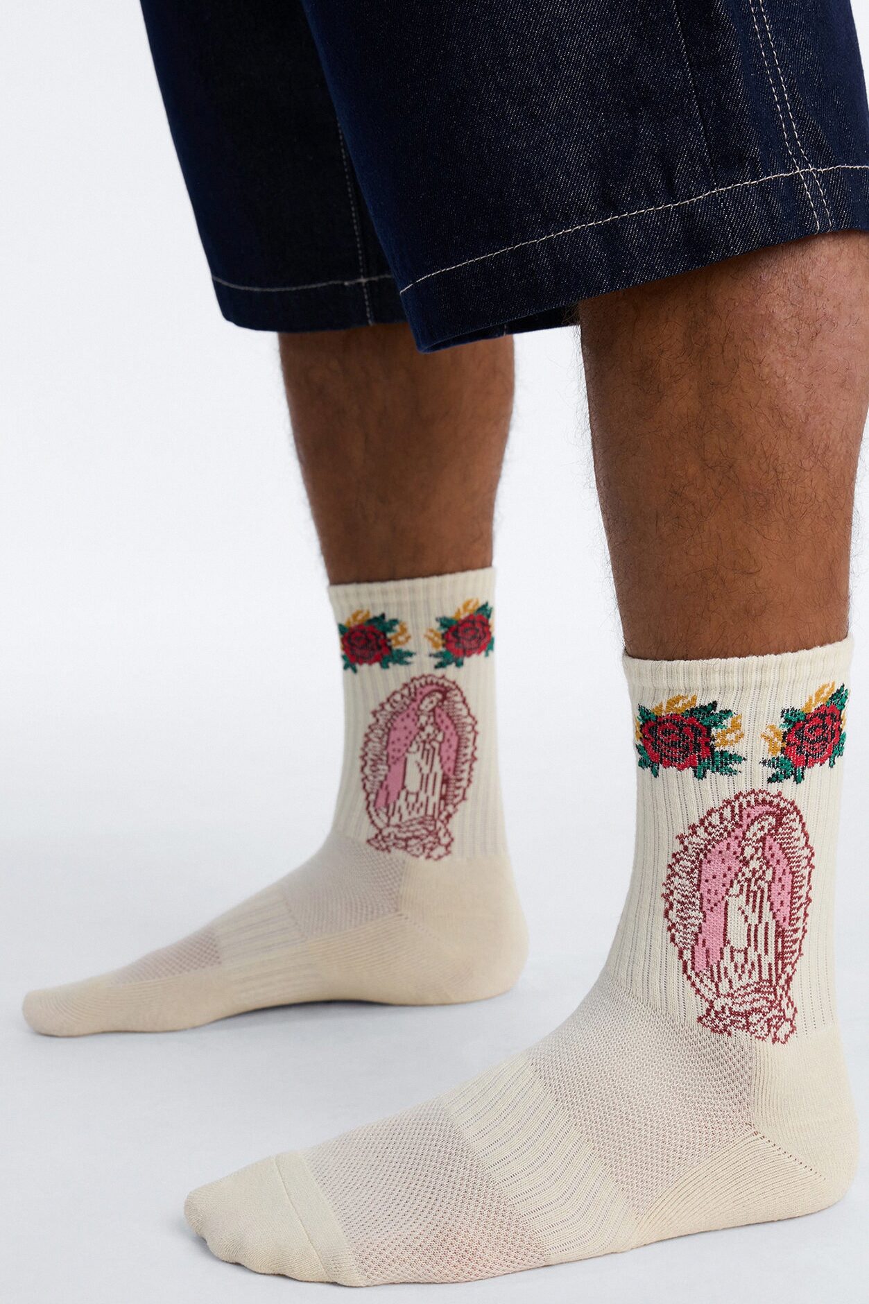 Graphic Rose Crew Socks - White