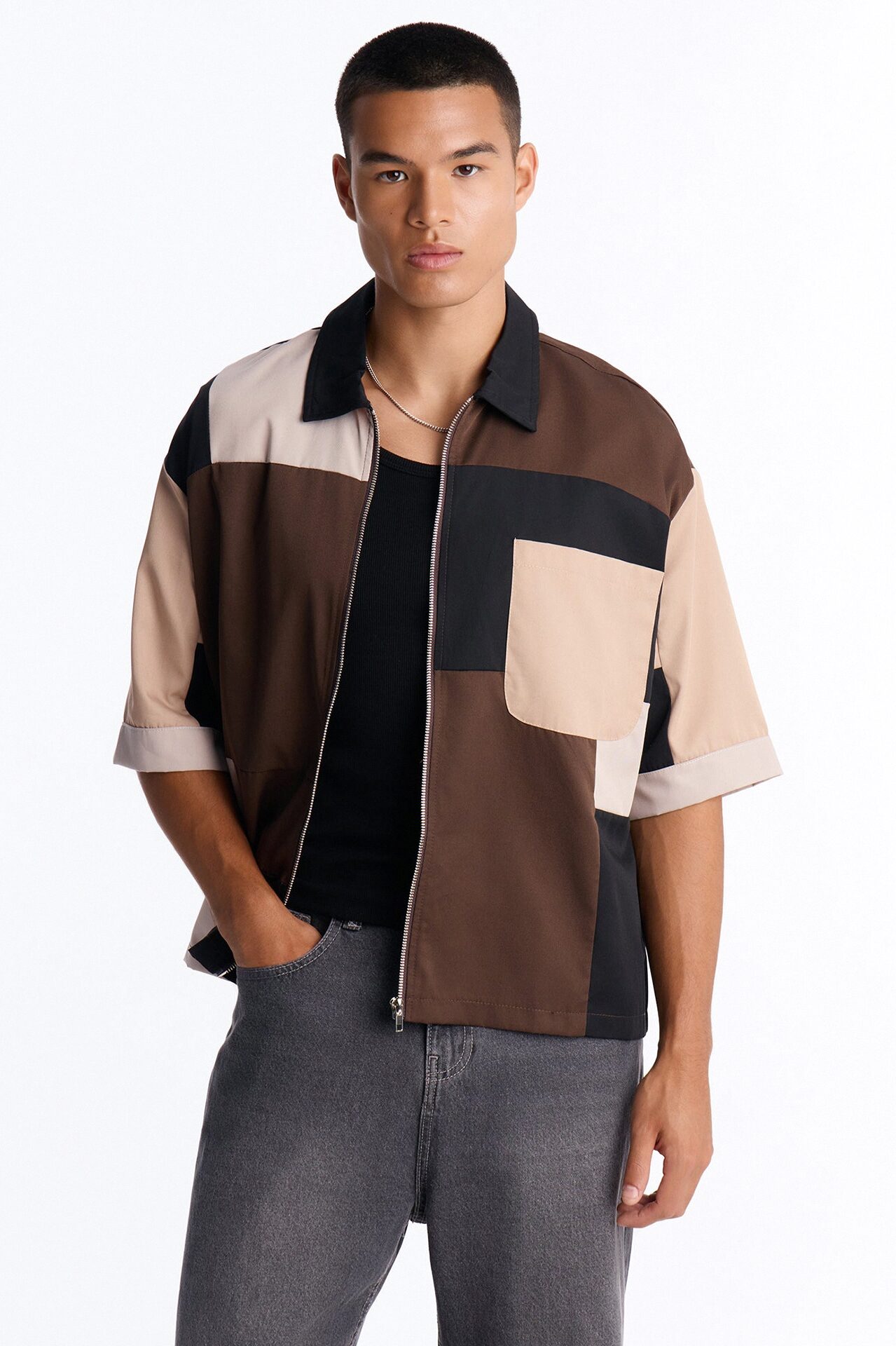 Cropped Pixel Perfect Zip Up Shirt - Brown