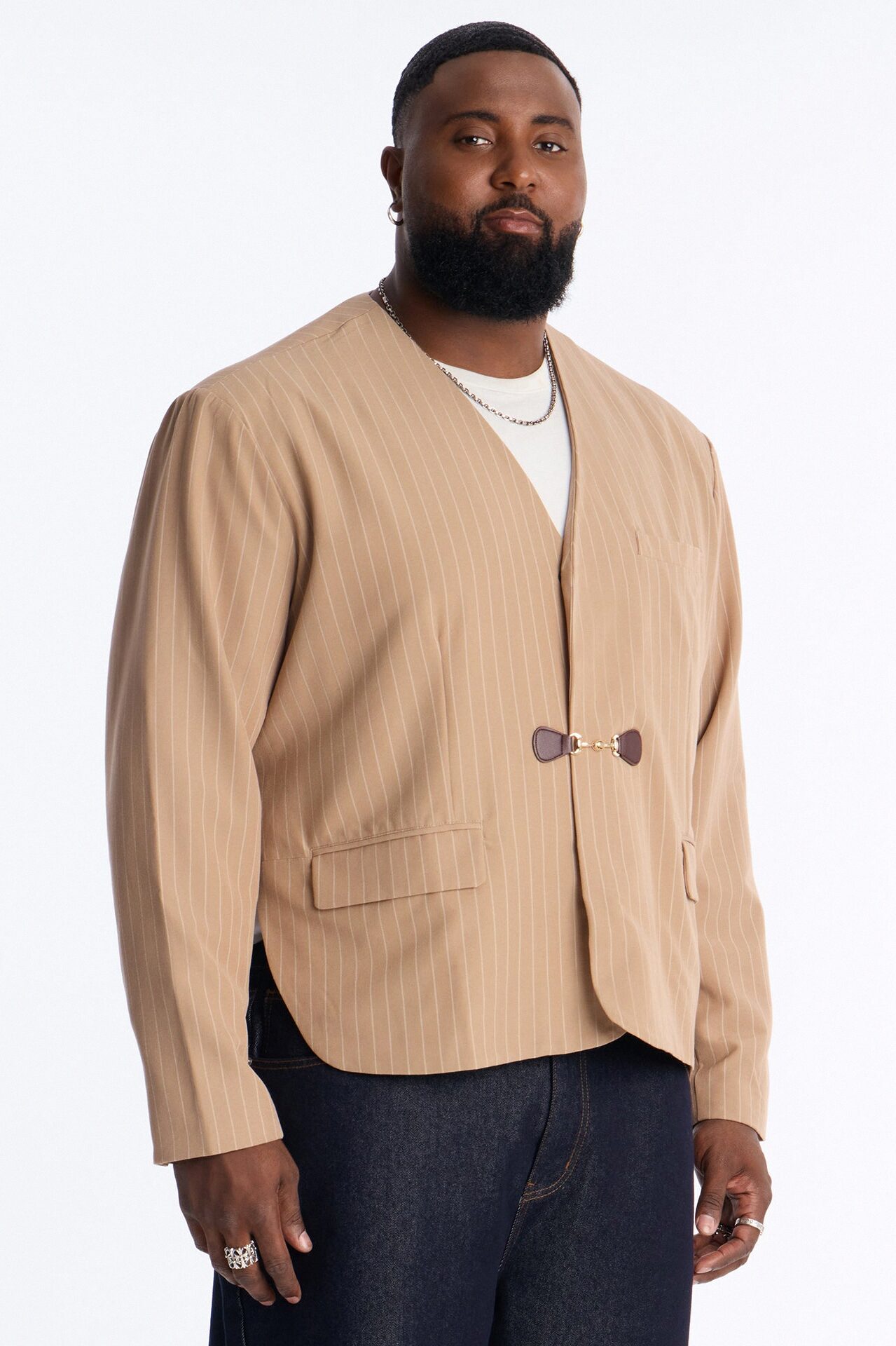 Boxy Cropped Pin Striped Cut Out Blazer - Tan