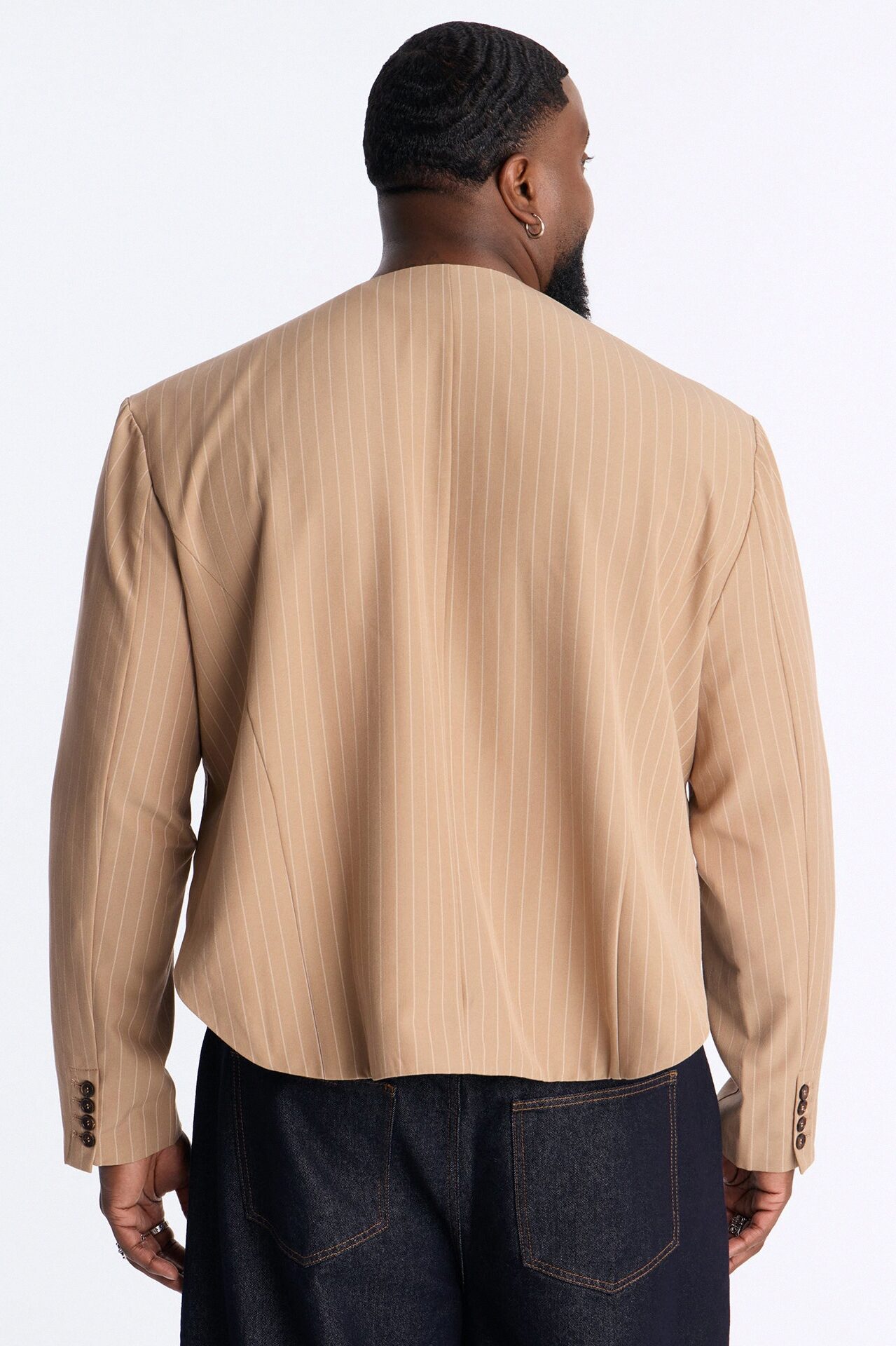 Boxy Cropped Pin Striped Cut Out Blazer - Tan