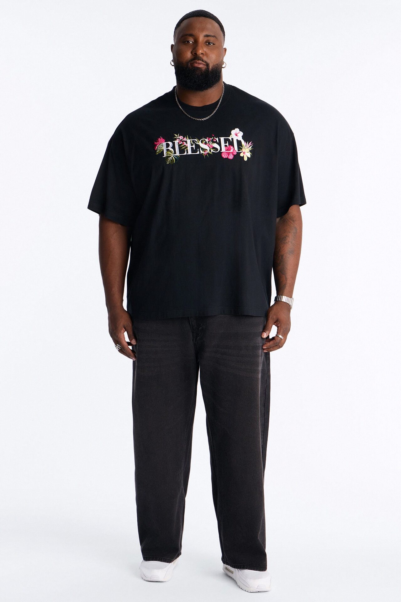 Blessed Floral Oversized Embroidered Short Sleeve Tee - Black