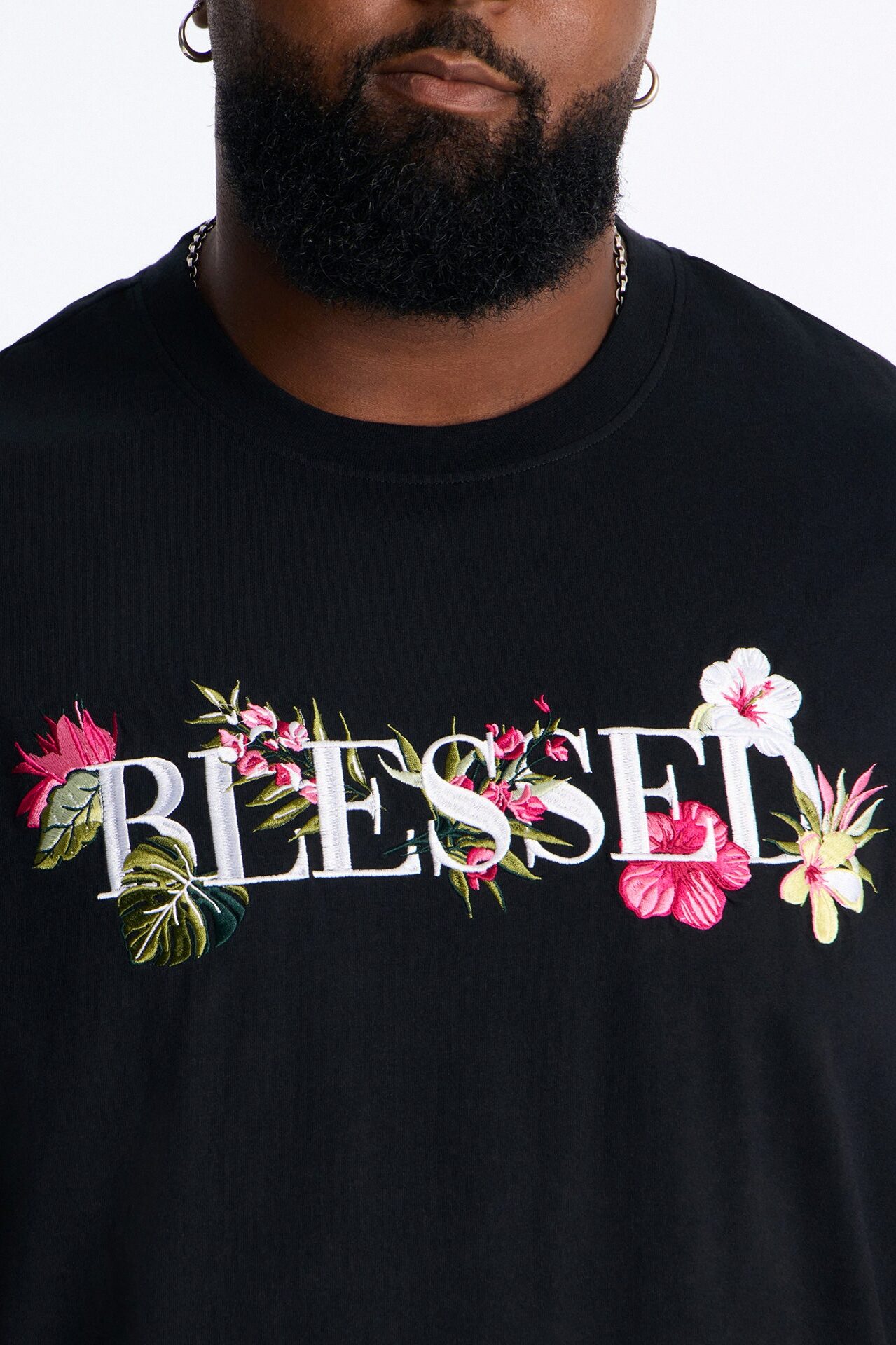 Blessed Floral Oversized Embroidered Short Sleeve Tee - Black