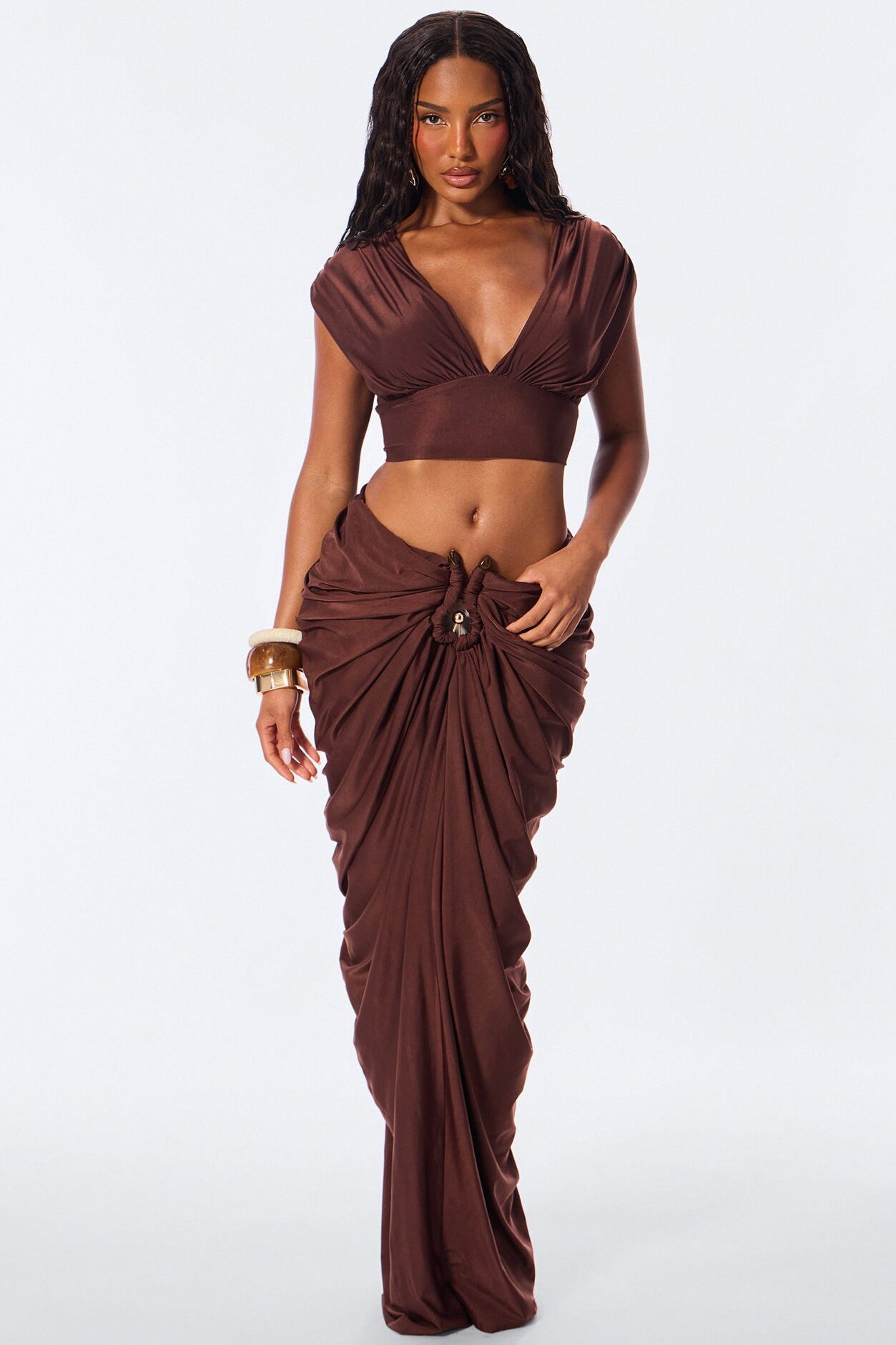 Divinely Draped Double Lined Skirt Set - Chocolate