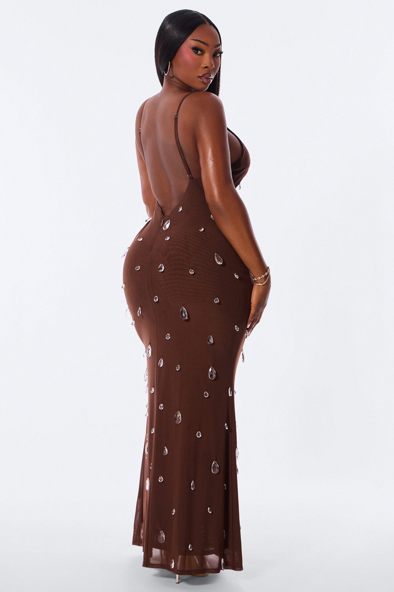 Spotlight Raindrop Bead Mesh Maxi Dress - Chocolate
