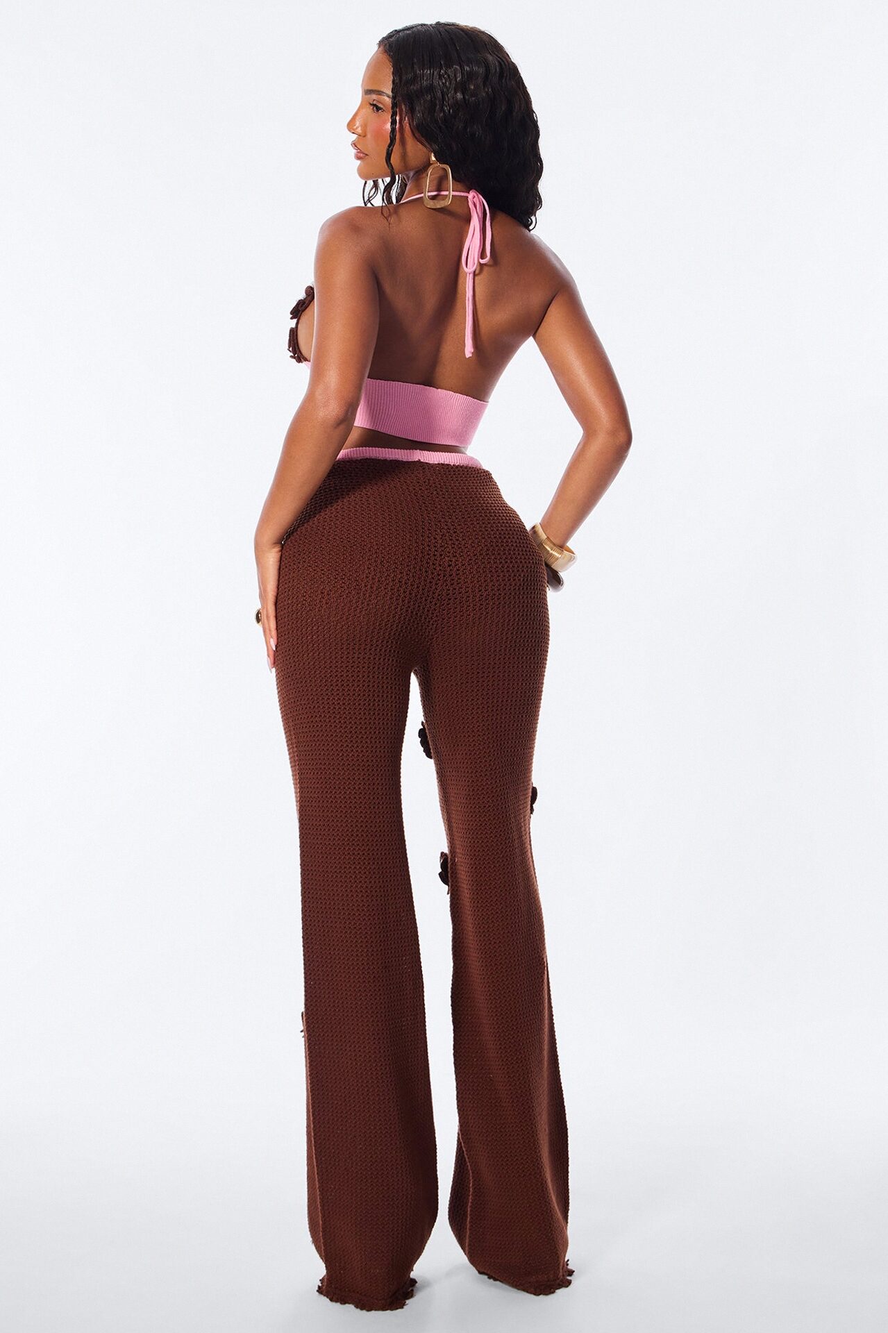 Summer Bloom Halter Crochet Pant Set - Brown/combo