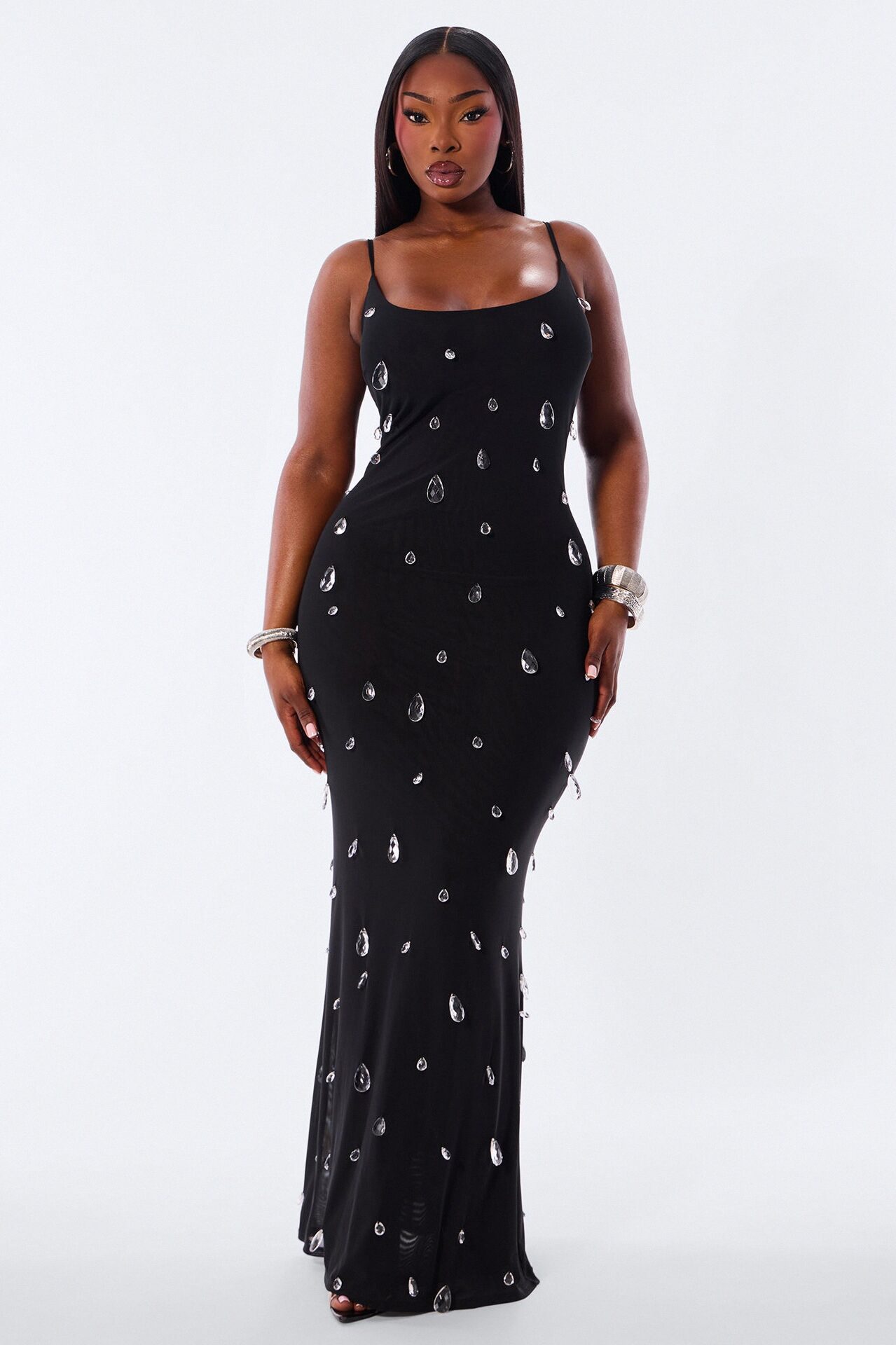 Spotlight Raindrop Bead Mesh Maxi Dress - Black