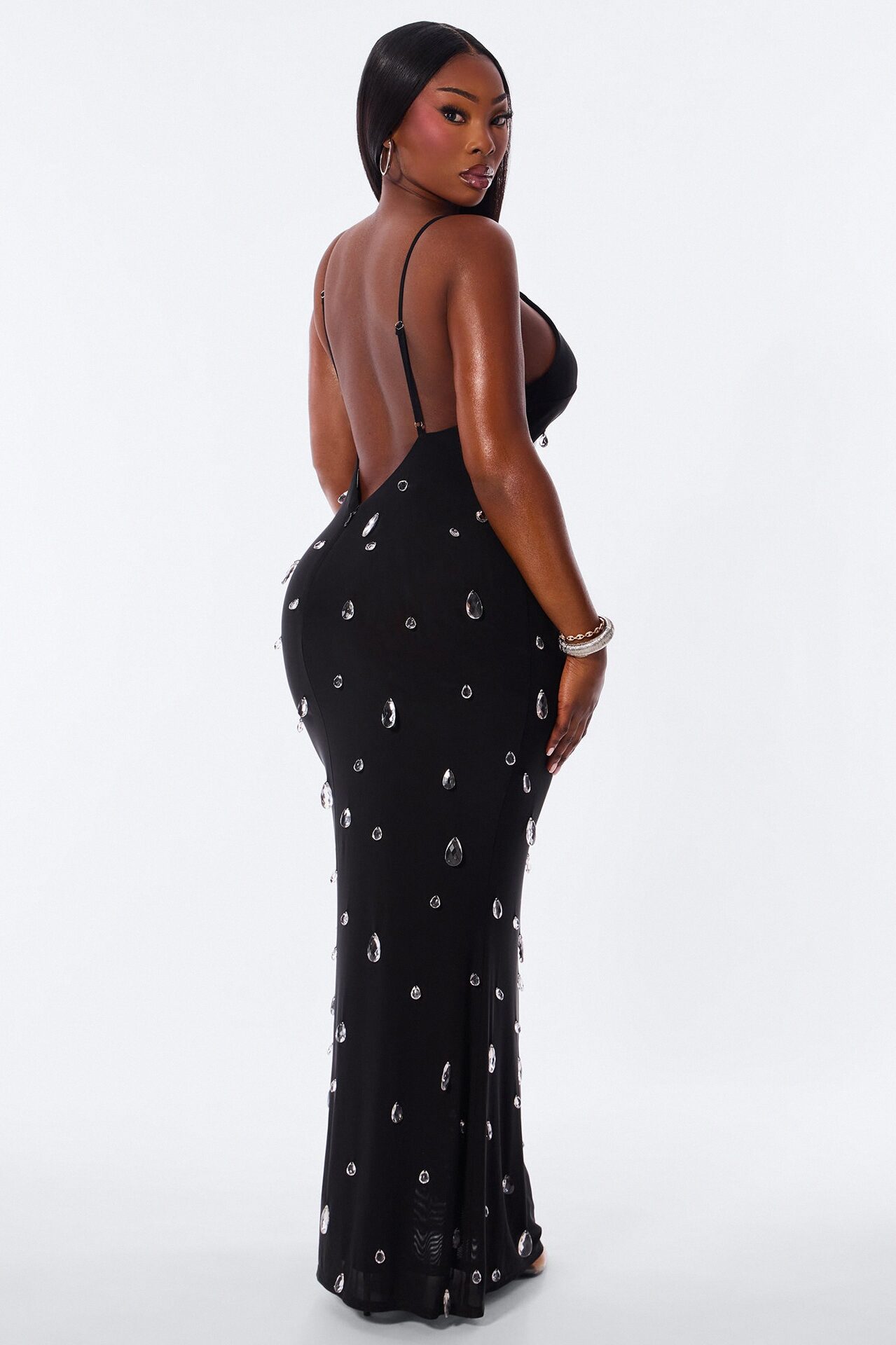 Spotlight Raindrop Bead Mesh Maxi Dress - Black