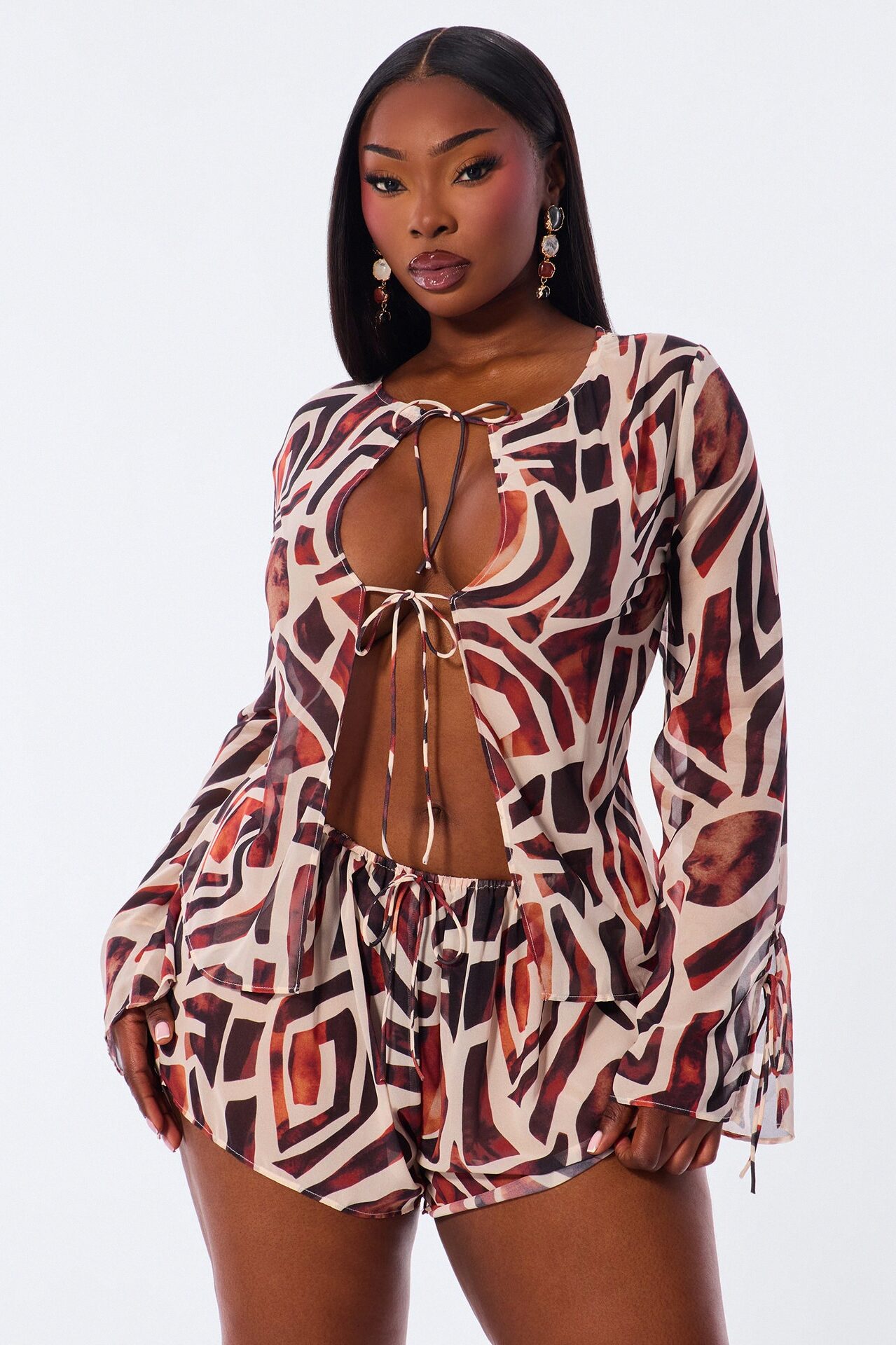 Golden Chiffon Abstract Short Set - Brown/combo