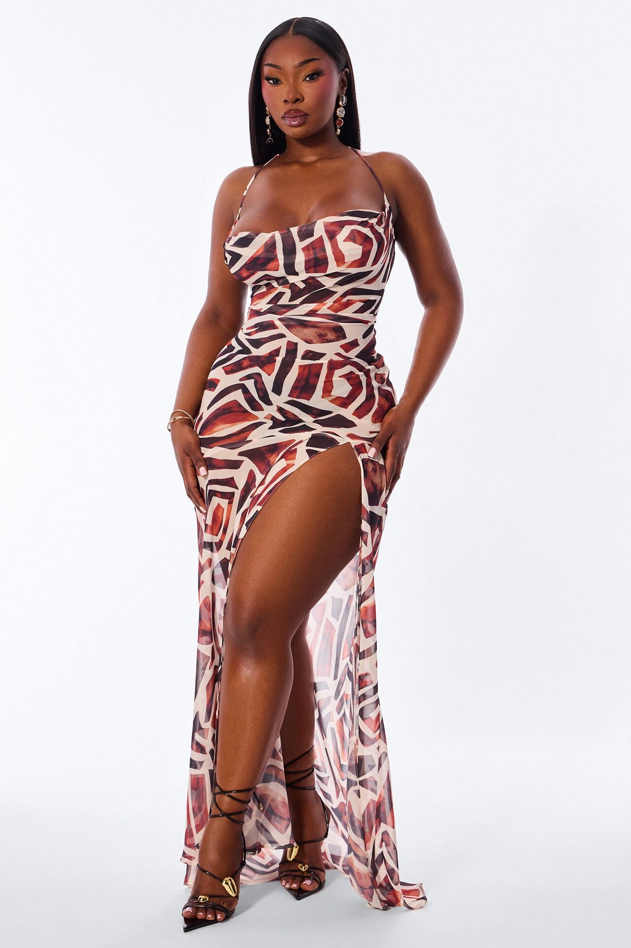 Golden Chiffon Abstract Maxi Dress - Brown/combo