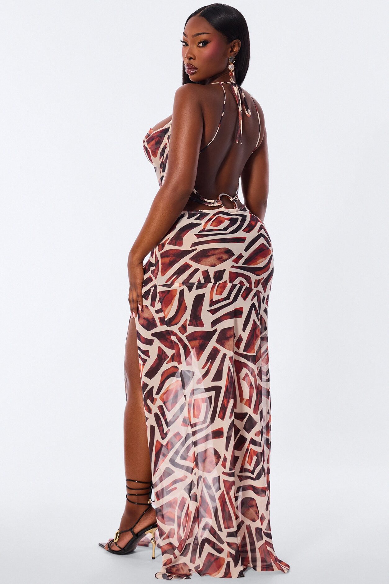 Golden Chiffon Abstract Maxi Dress - Brown/combo