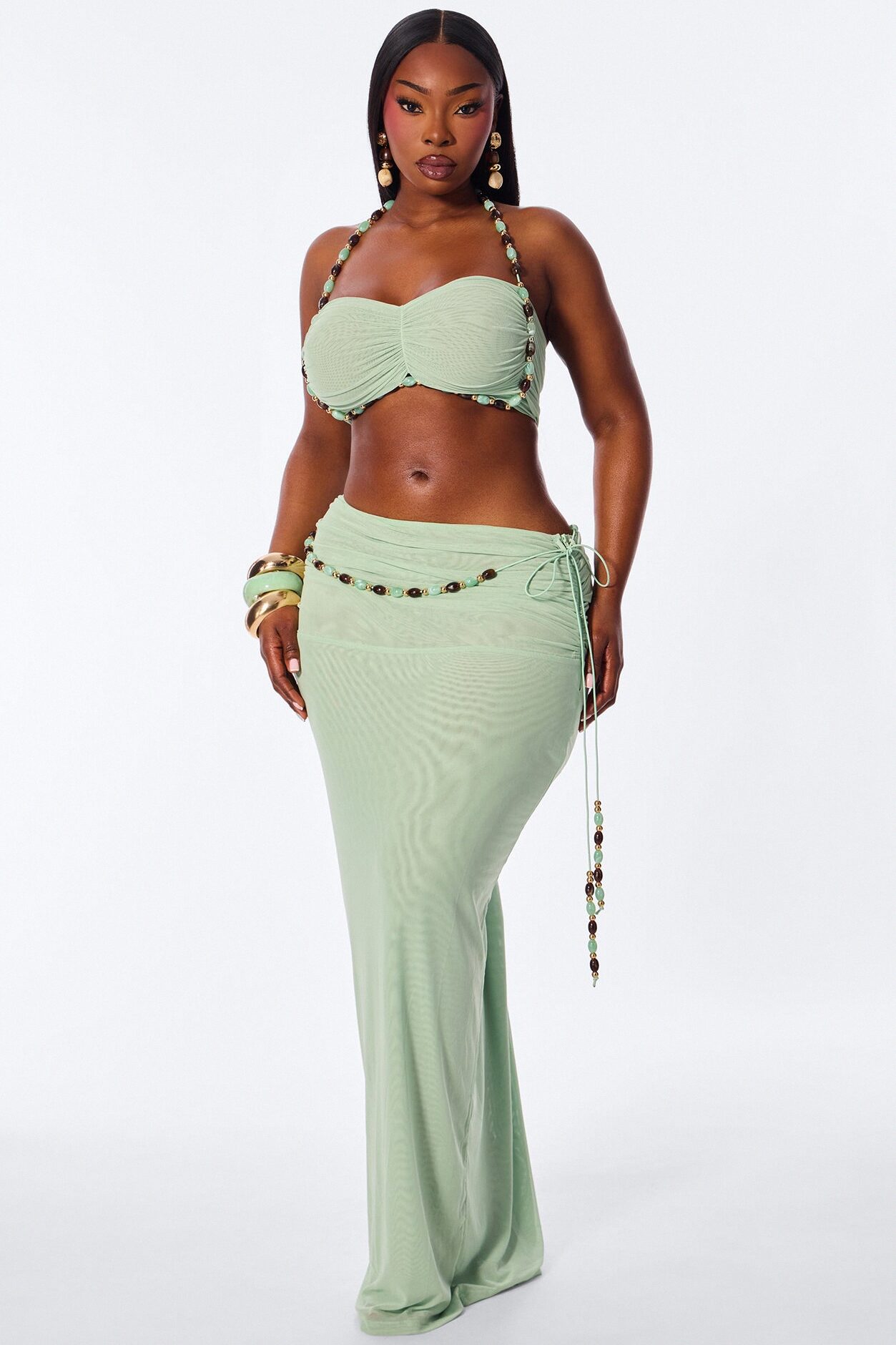Bora Breeze Beaded Mesh Skirt Set - Sage