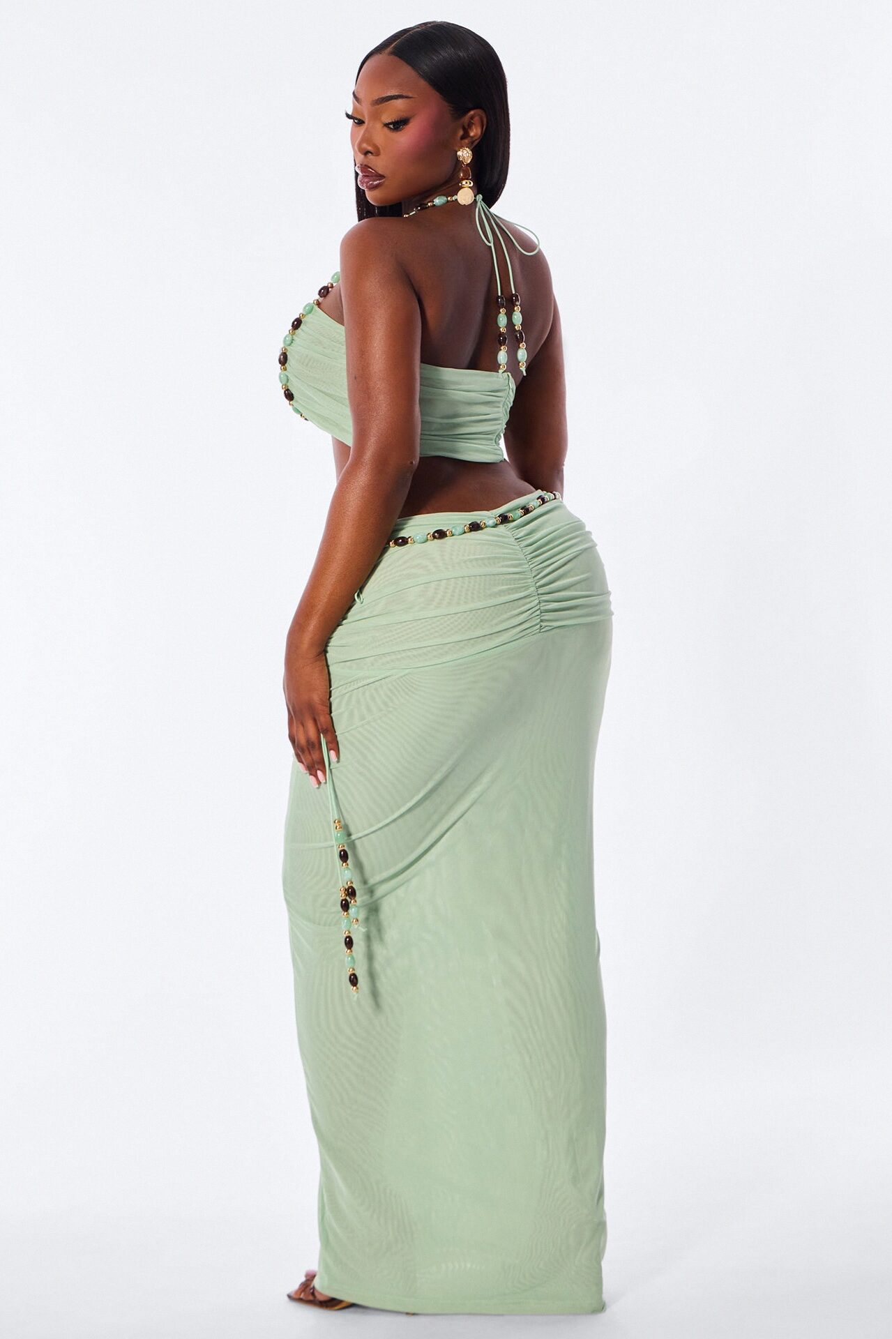Bora Breeze Beaded Mesh Skirt Set - Sage