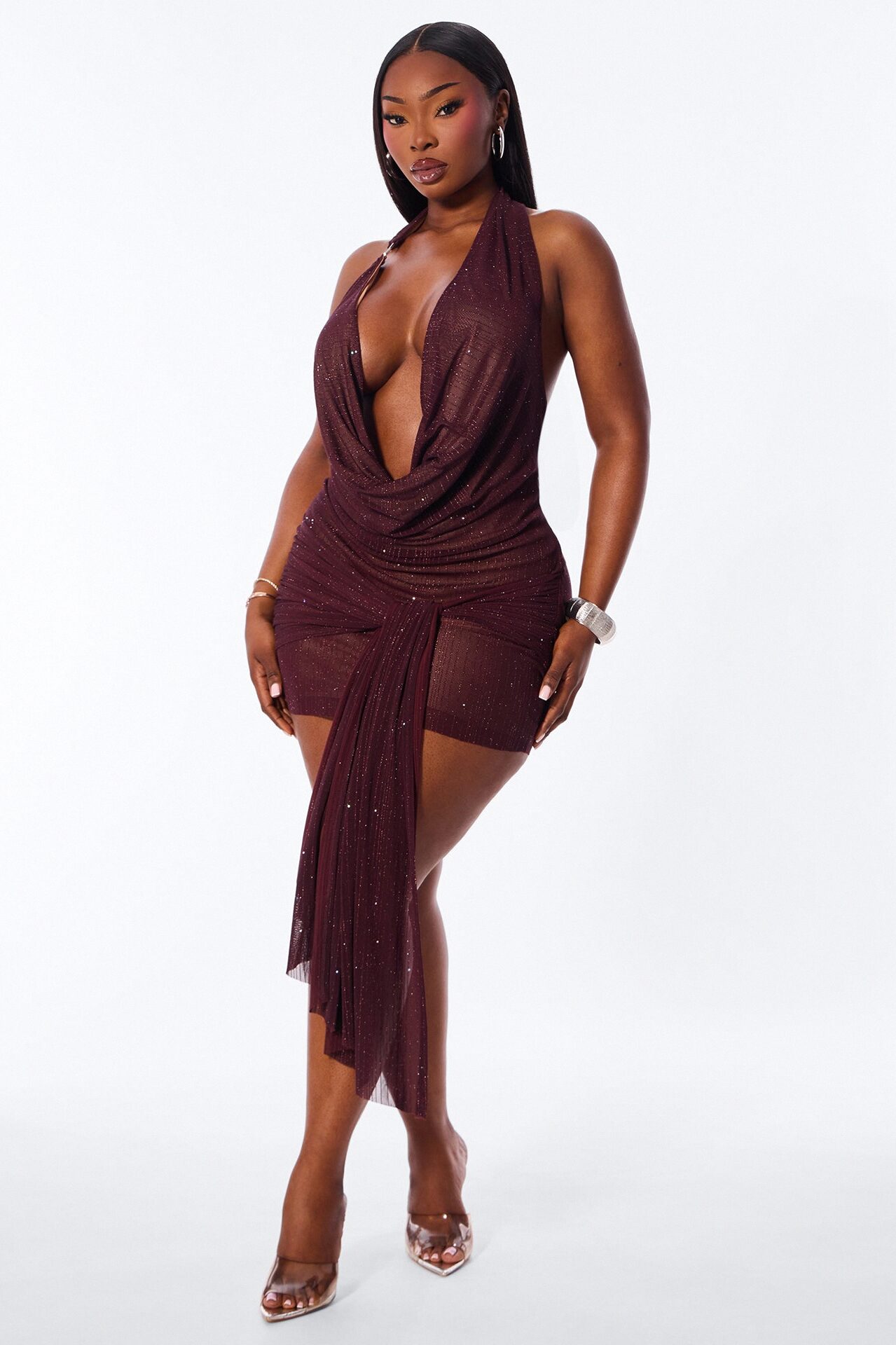 Dazzle Metallic Knit Mesh Cowl Neck Mini Dress - Eggplant
