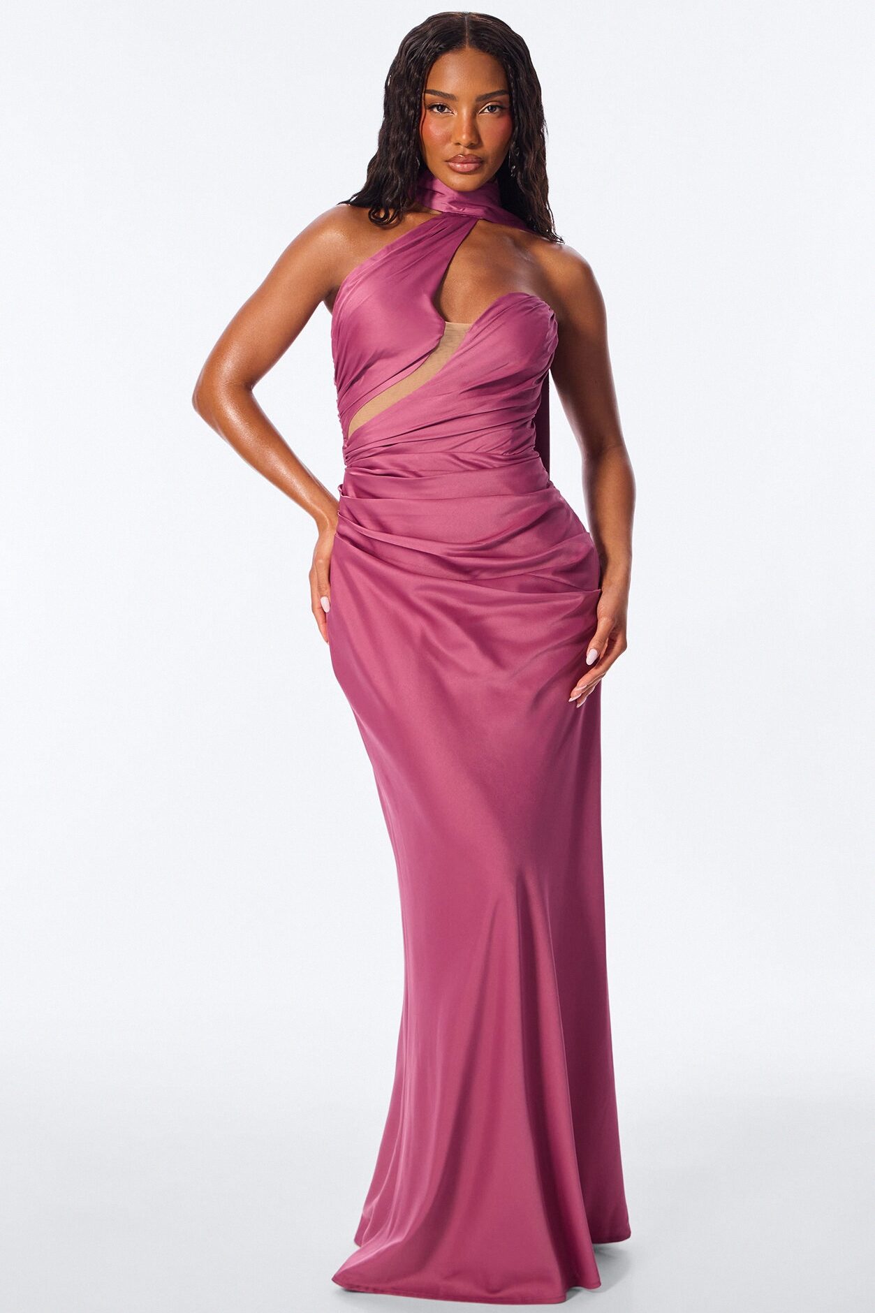 Darling Rose High Neck Satin Maxi Dress - Mauve