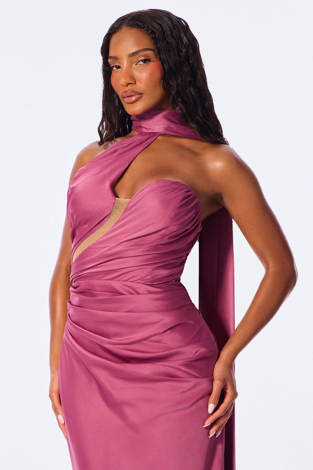 Darling Rose High Neck Satin Maxi Dress - Mauve