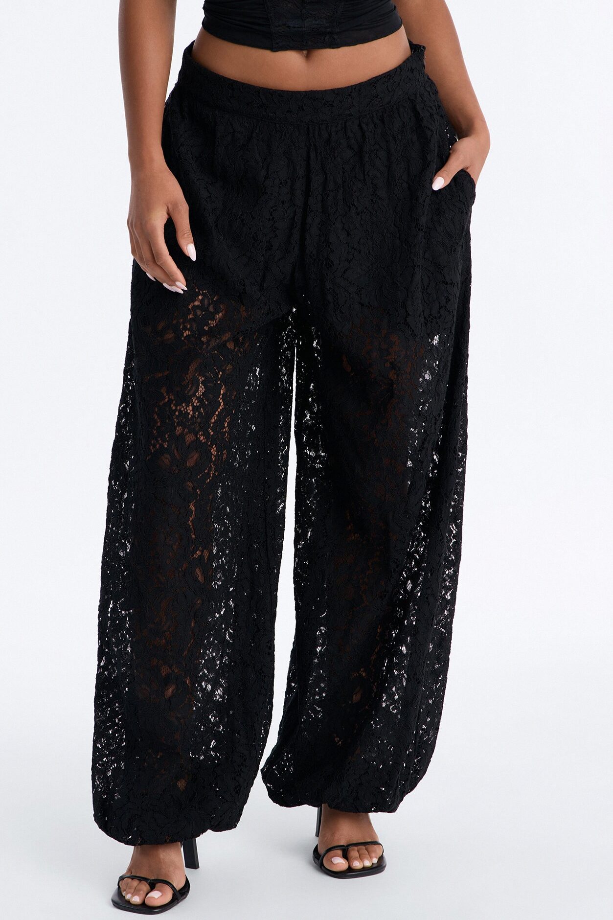 Barely A Secret Sheer Lace Balloon Pant 30″ - Black