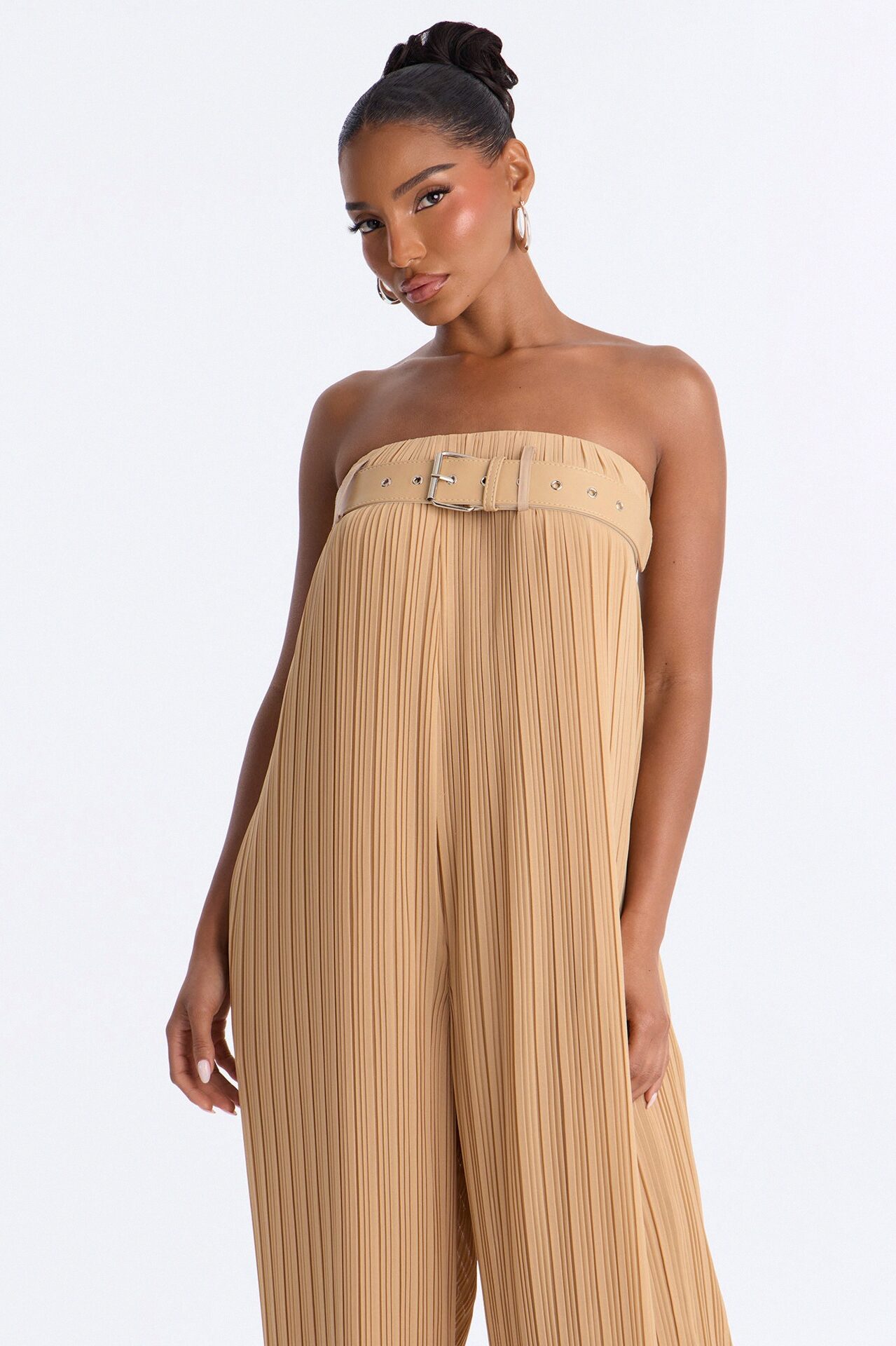 Paloma Chiffon Belted Wide Leg Jumpsuit - Tan