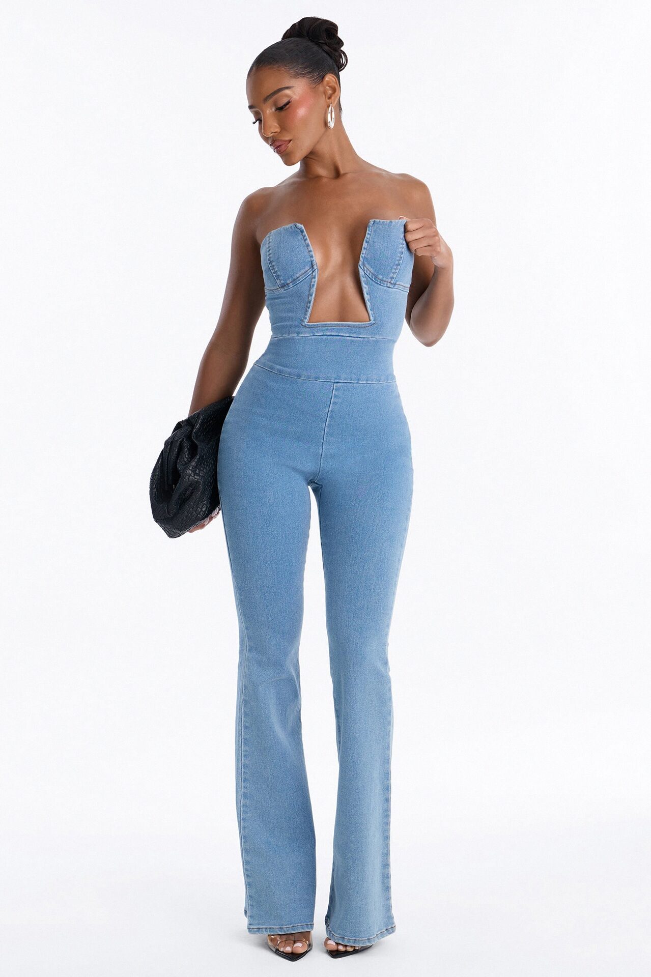Regina Denim Plunge Neck Jumpsuit - Medium Wash