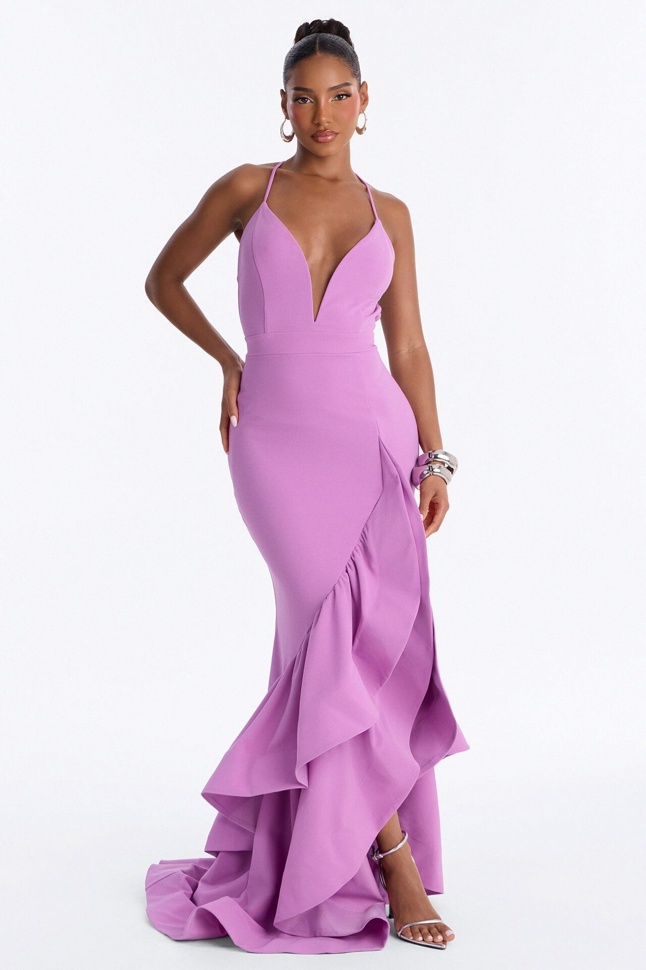 Selene Deep Neckline Ruffle Gown - Lavender