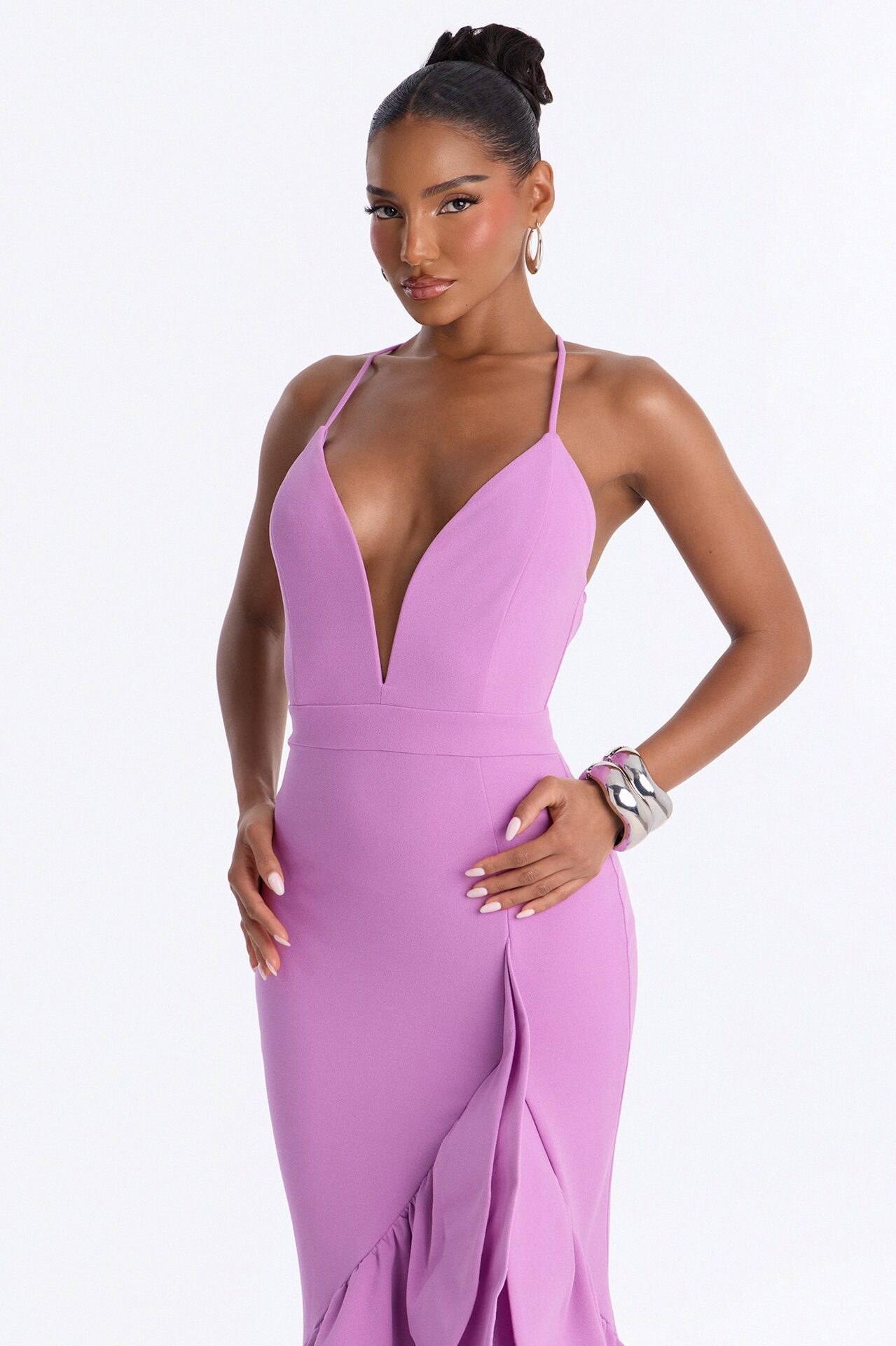 Selene Deep Neckline Ruffle Gown - Lavender