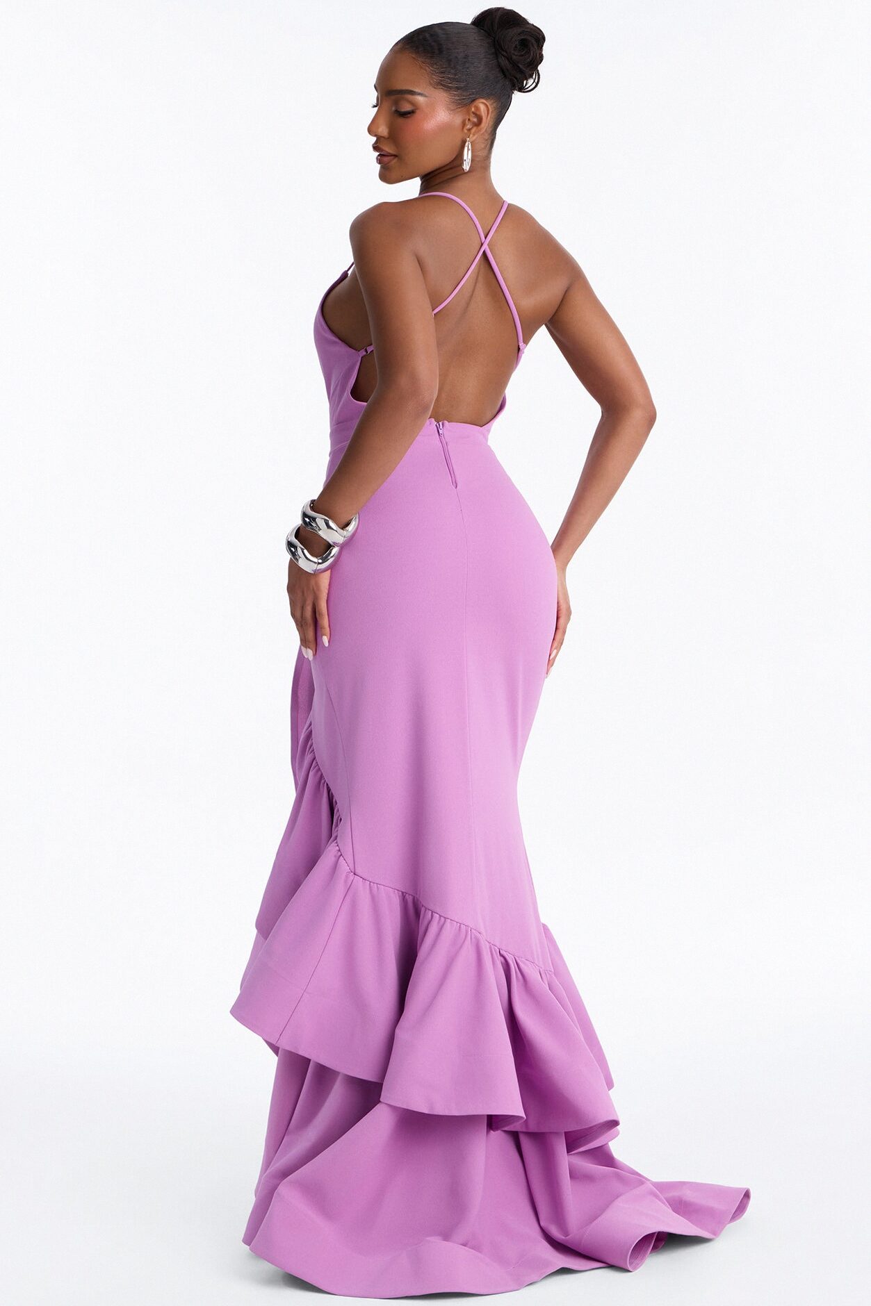 Selene Deep Neckline Ruffle Gown - Lavender
