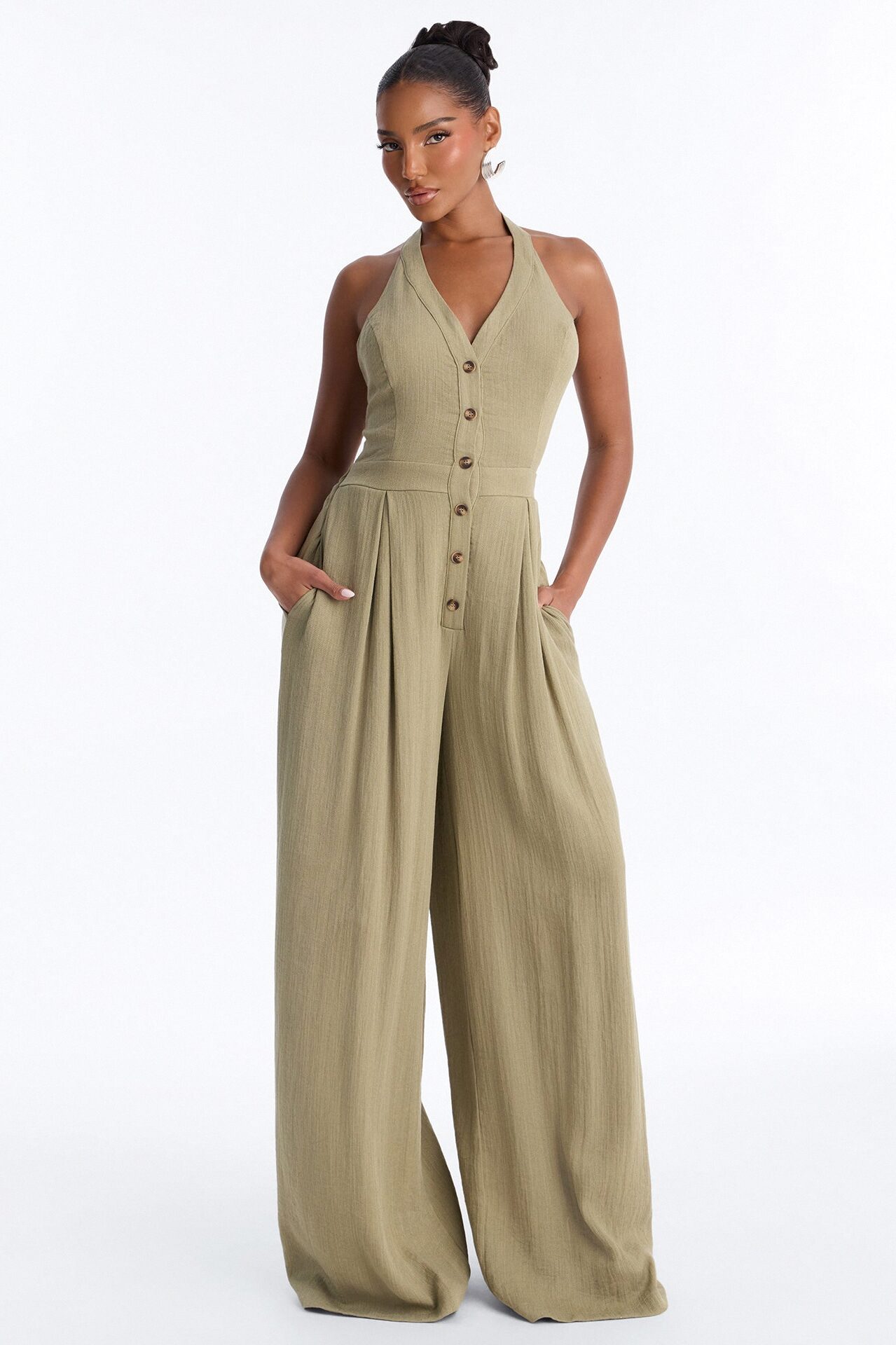 Liana Linen Halter Jumpsuit - Olive