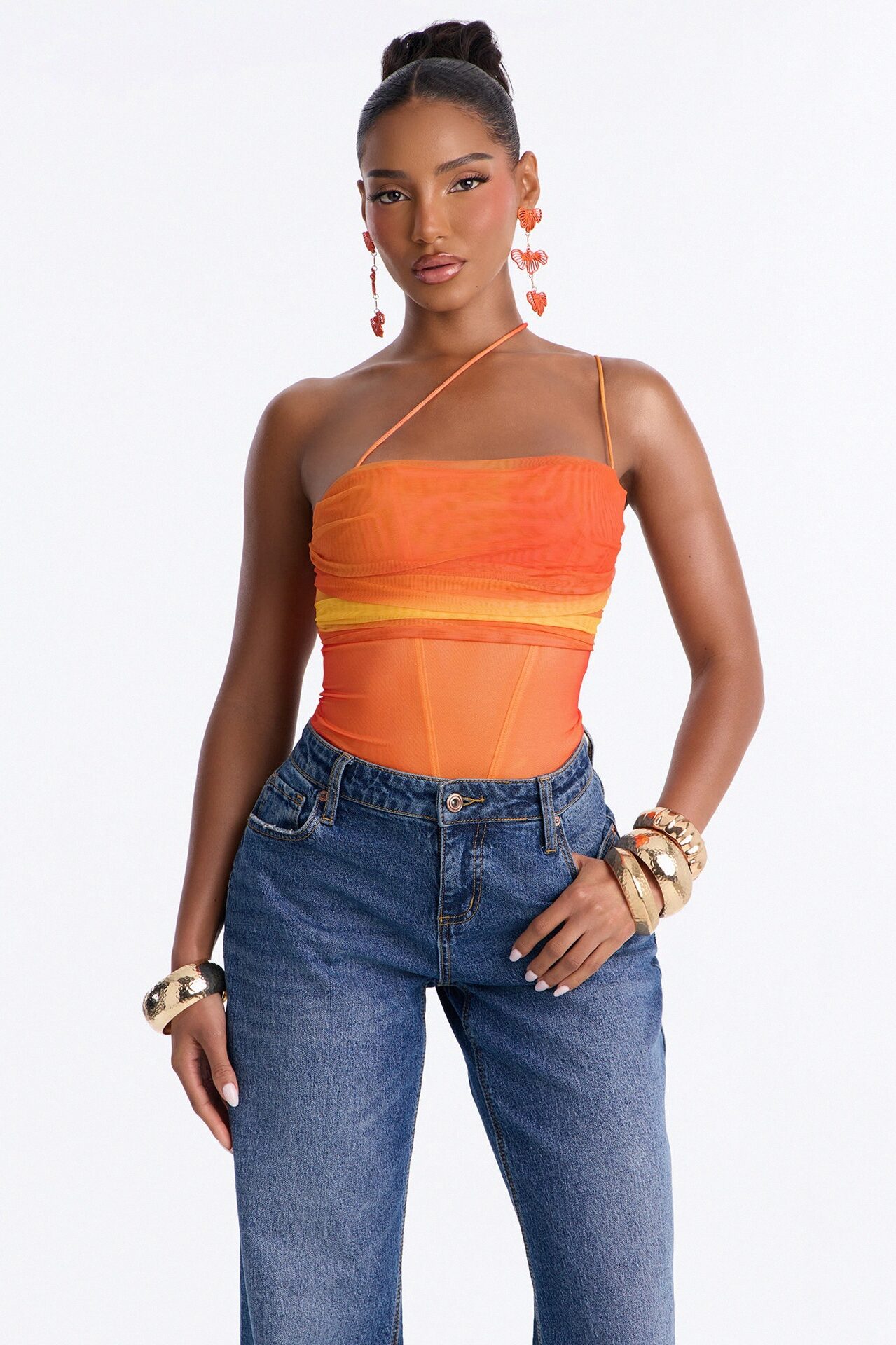 Adeline One Shoulder Mesh Bodysuit - Orange/combo
