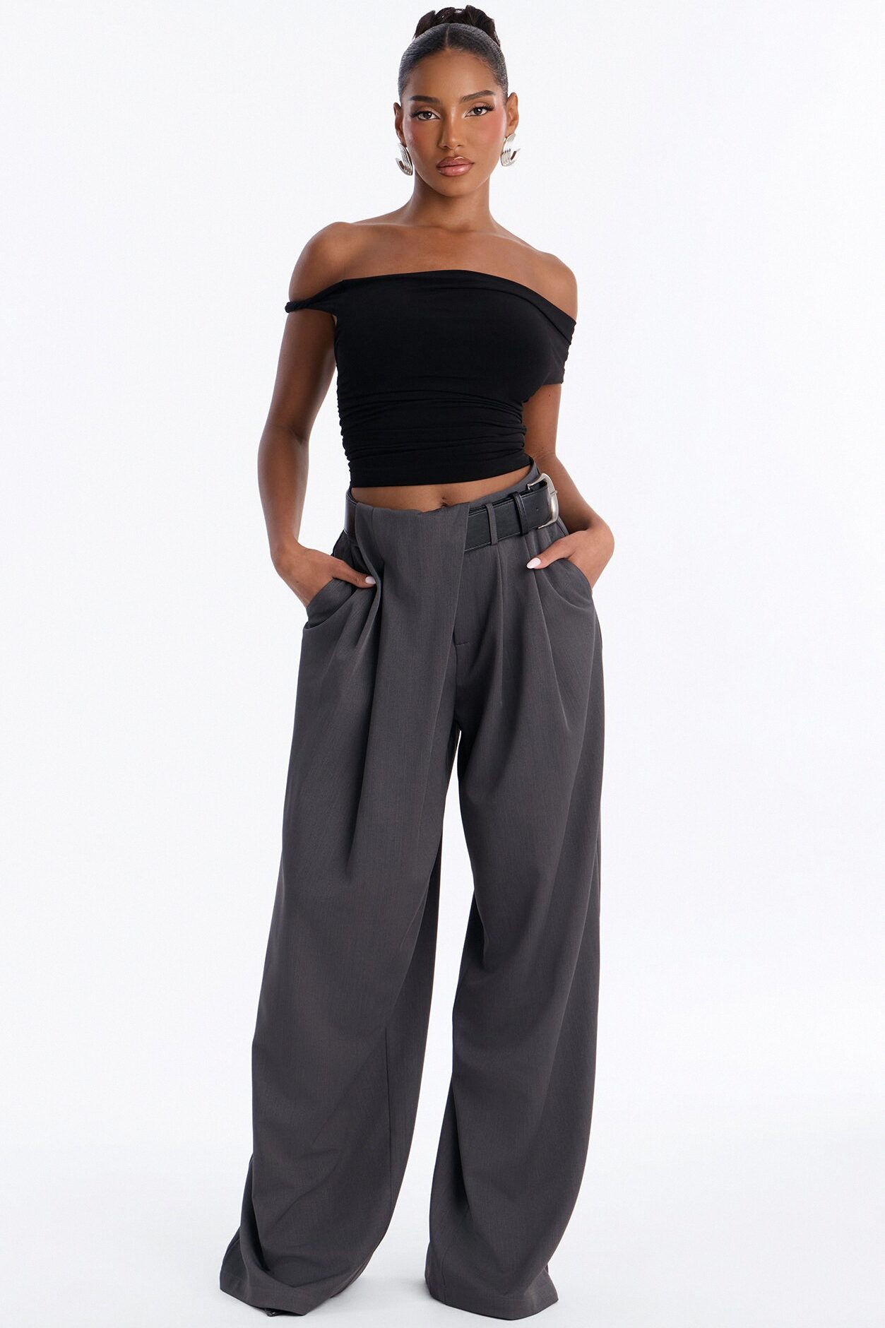 Natalie High Rise Wide Leg Trouser - Charcoal