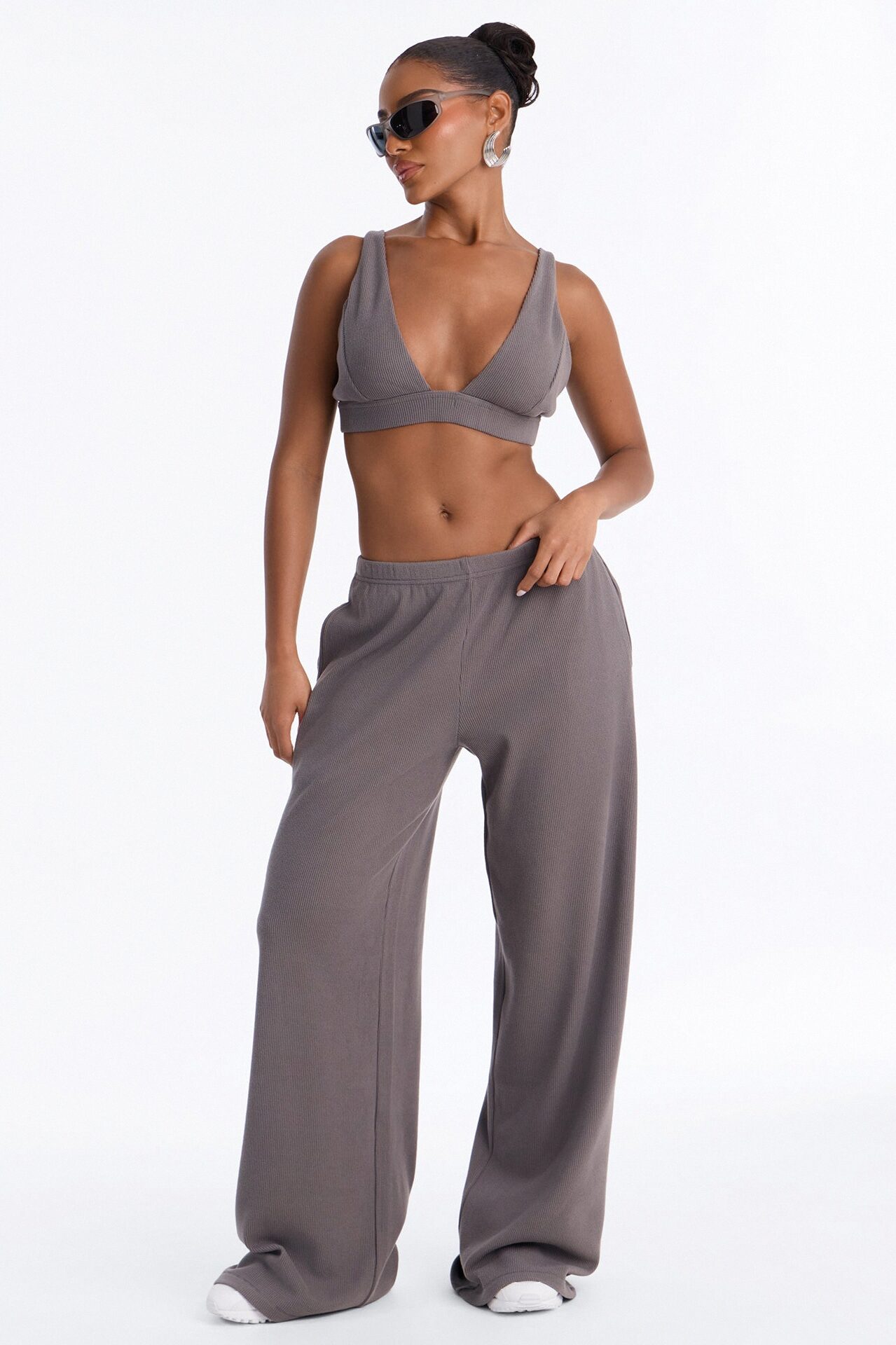 Soft Girl Era Waffle Pant Set - Charcoal