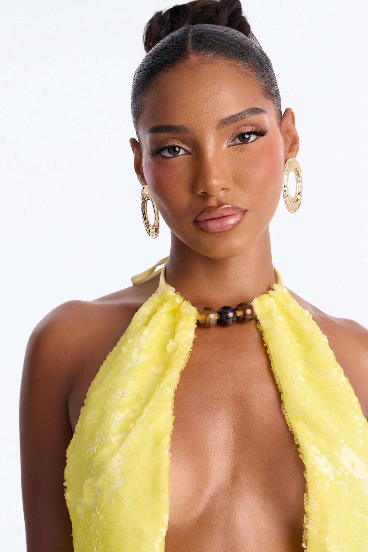 Maui Beaded Sequin Deep Cowl Halter Top - Butter Yellow