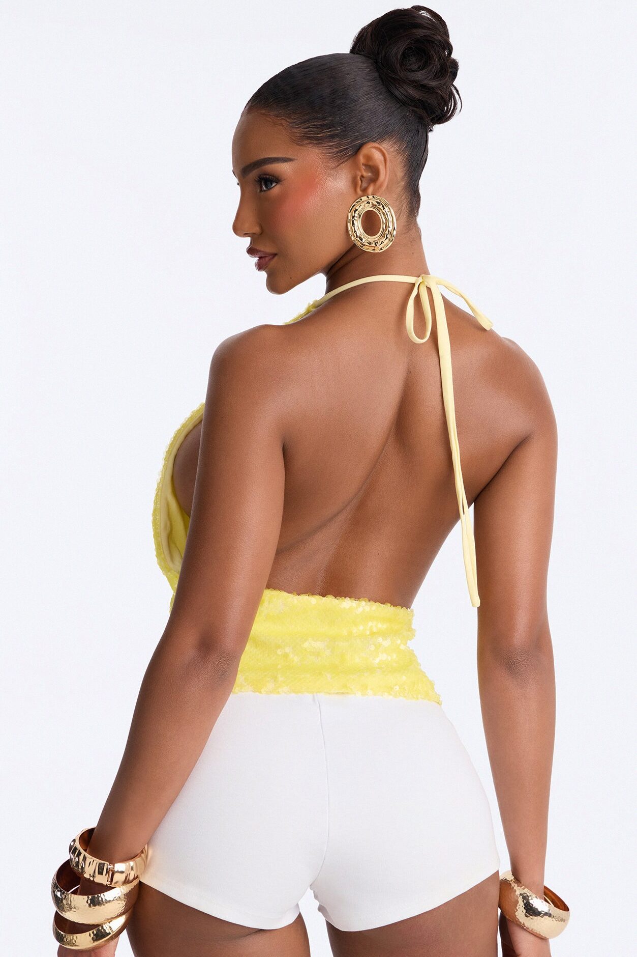 Maui Beaded Sequin Deep Cowl Halter Top - Butter Yellow