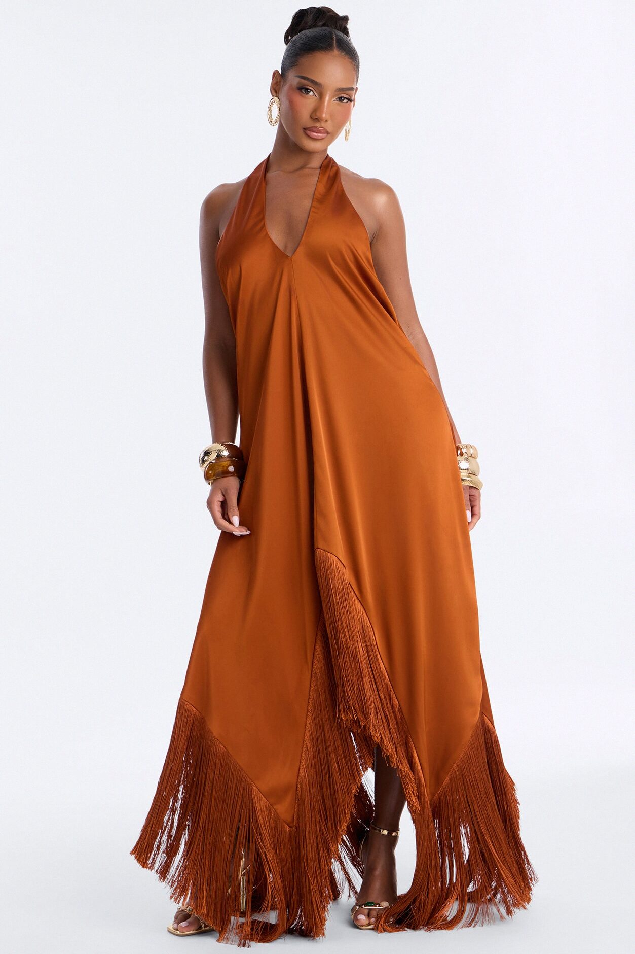 Scarlette Satin Fringe Maxi Dress - Bronze