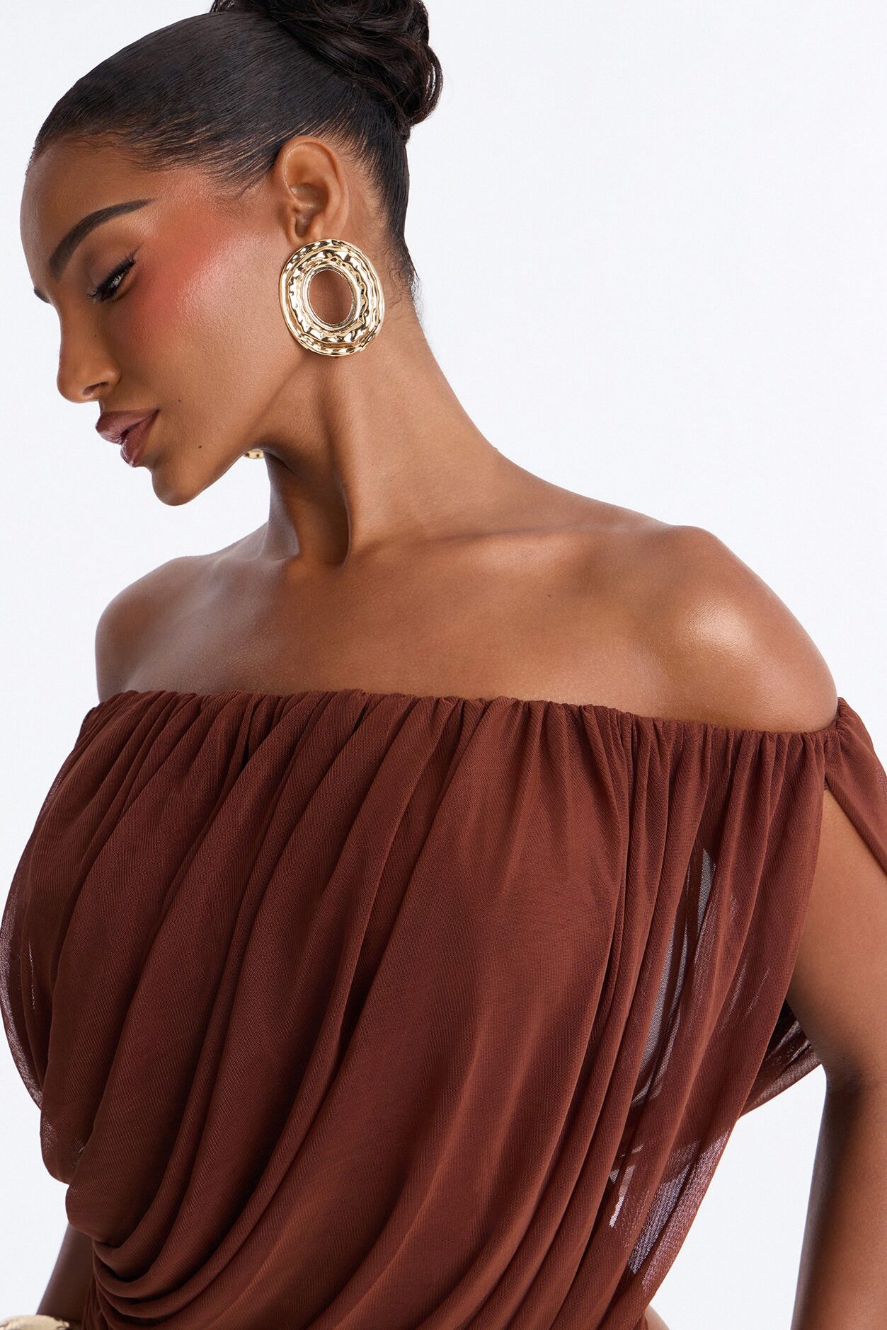 Steff Ruched Off Shoulder Mesh Bodysuit - Brown