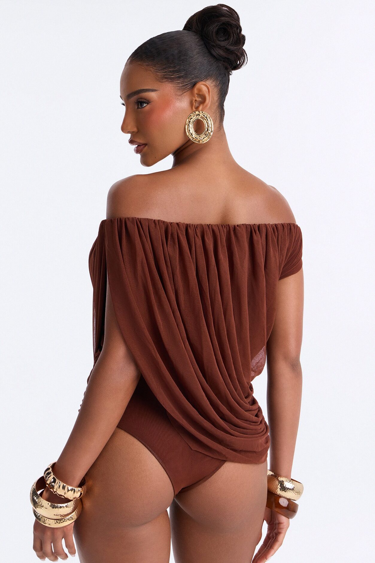 Steff Ruched Off Shoulder Mesh Bodysuit - Brown